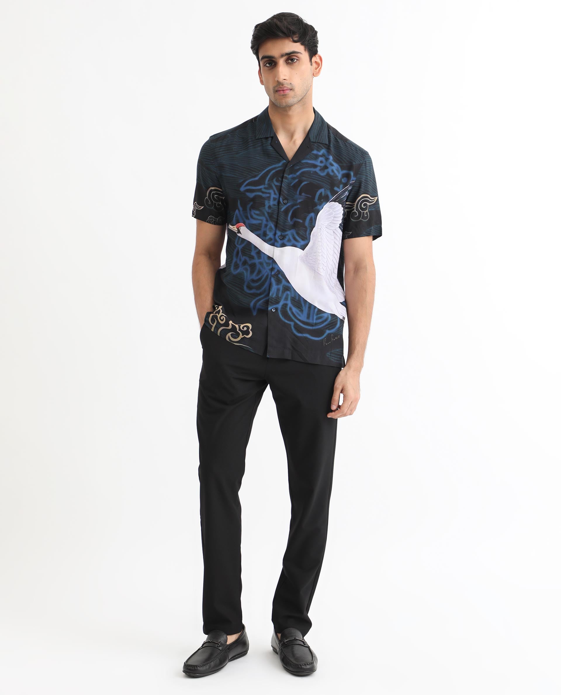 Rare Rabbit Men's Tobal Navy Cuban Collar Half Sleeves Animal Printed Shirt