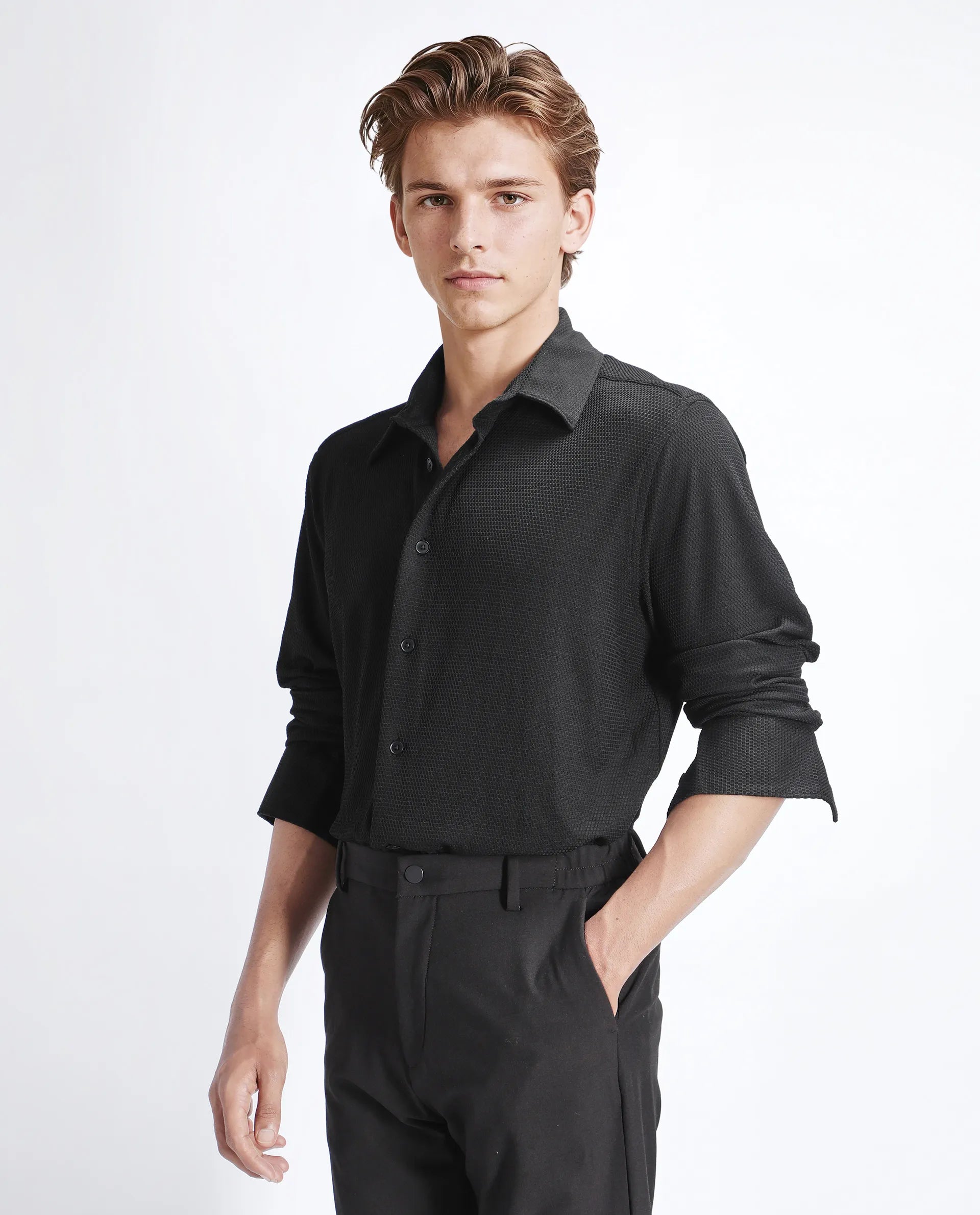 Rare Rabbit Men's Tobbit Black Cotton Textured Regular Fit Full Sleeve Collared Shirt