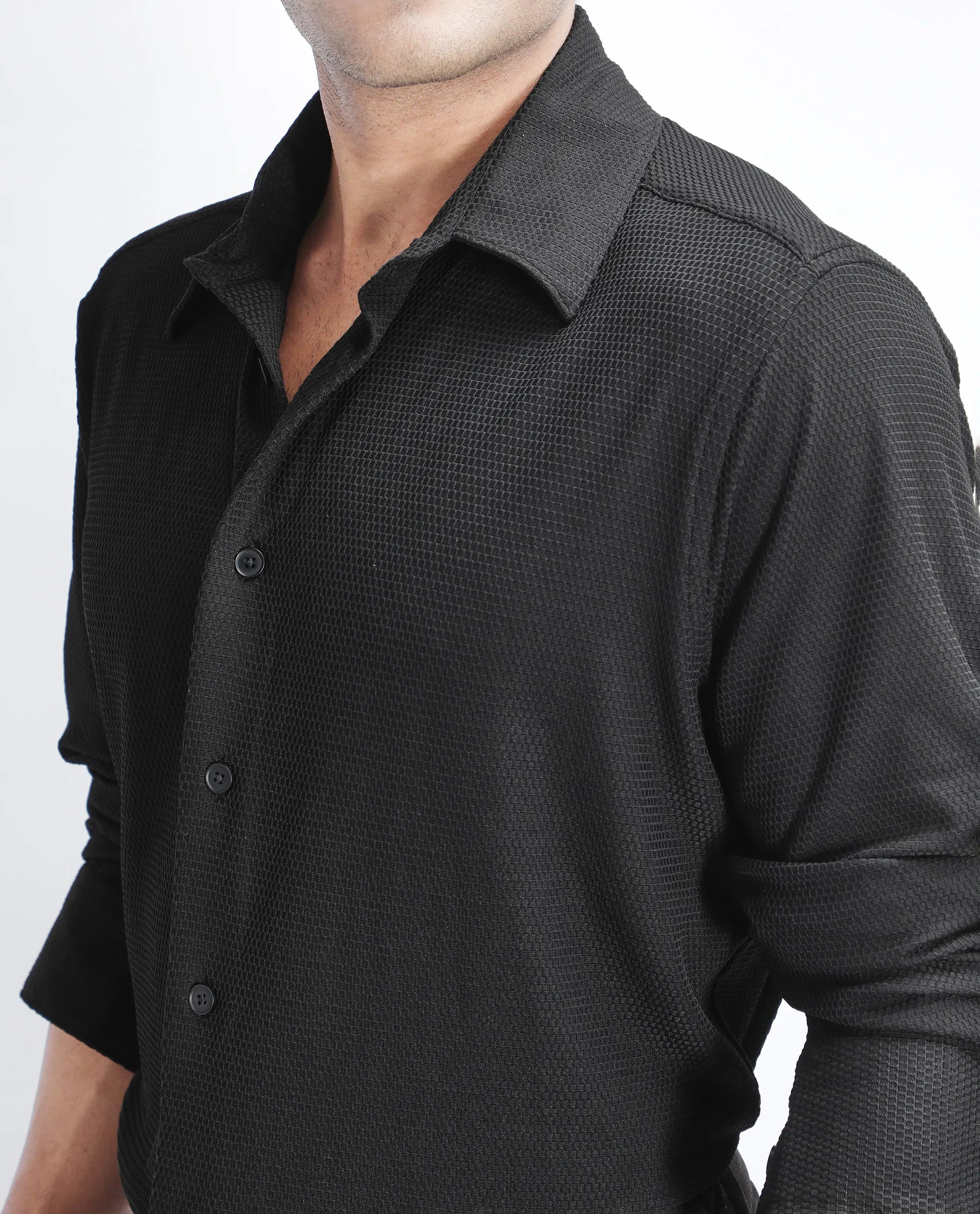Rare Rabbit Men's Tobbit Black Cotton Textured Regular Fit Full Sleeve Collared Shirt