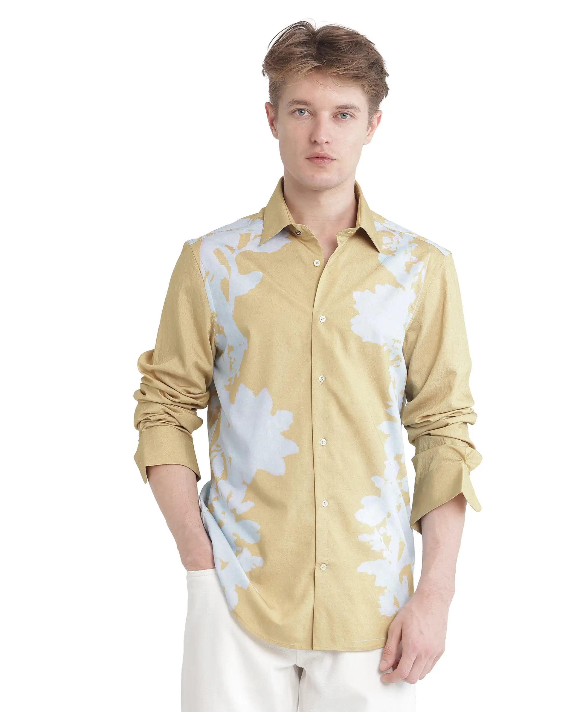 Rare Rabbit Men Tobo Dusky Green Viscose Fabric Full Sleeve Regular Collar Floral Printed Shirt
