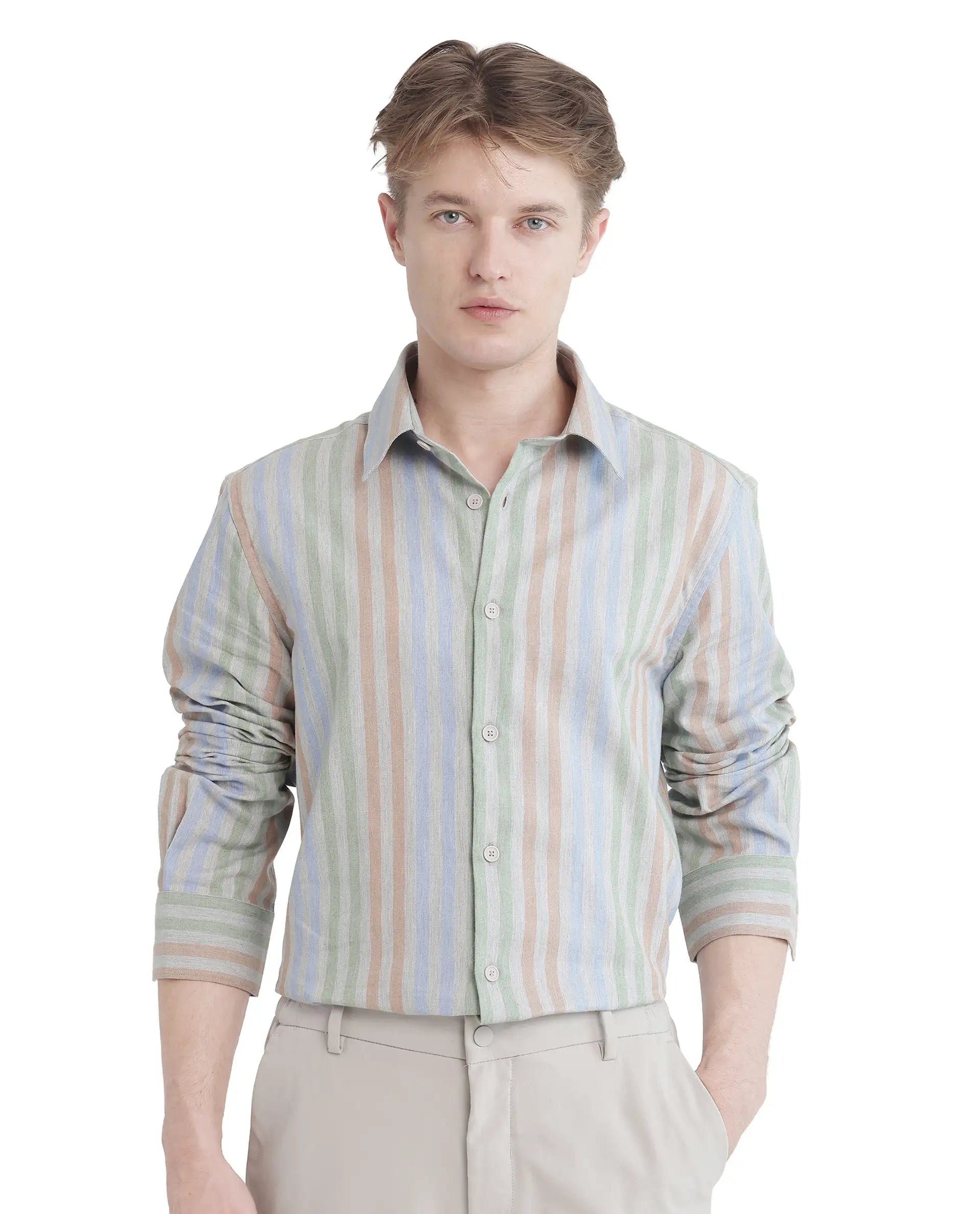 Rare Rabbit Men's Tock Grey Cotton Fabric Full Sleeve Regular Collared Button Closure Multicolor Stripe Shirt