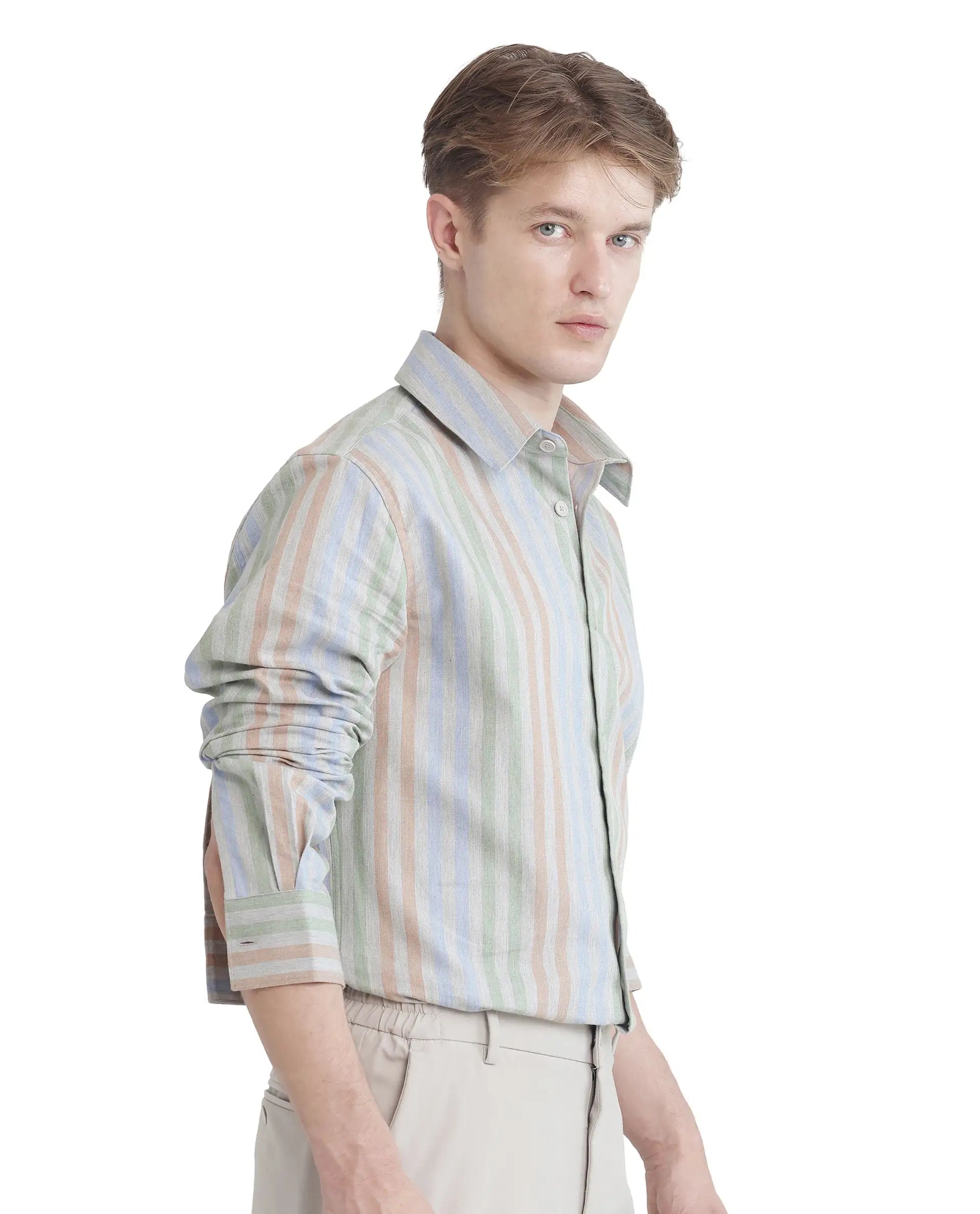 Rare Rabbit Men's Tock Grey Cotton Fabric Full Sleeve Regular Collared Button Closure Multicolor Stripe Shirt