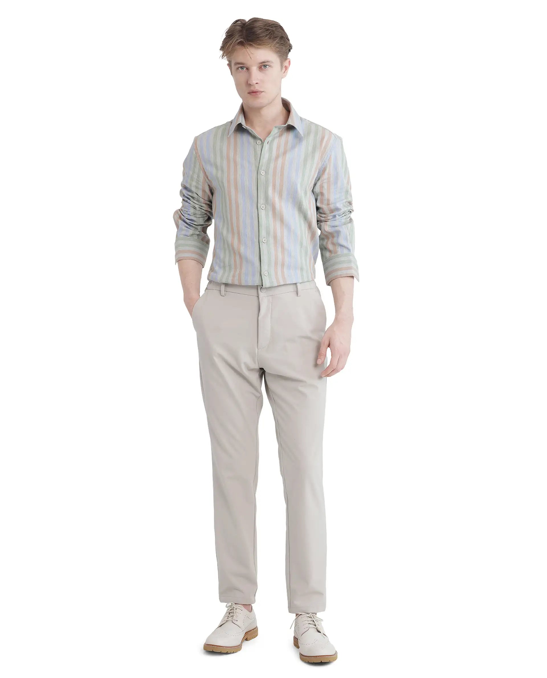 Rare Rabbit Men's Tock Grey Cotton Fabric Full Sleeve Regular Collared Button Closure Multicolor Stripe Shirt