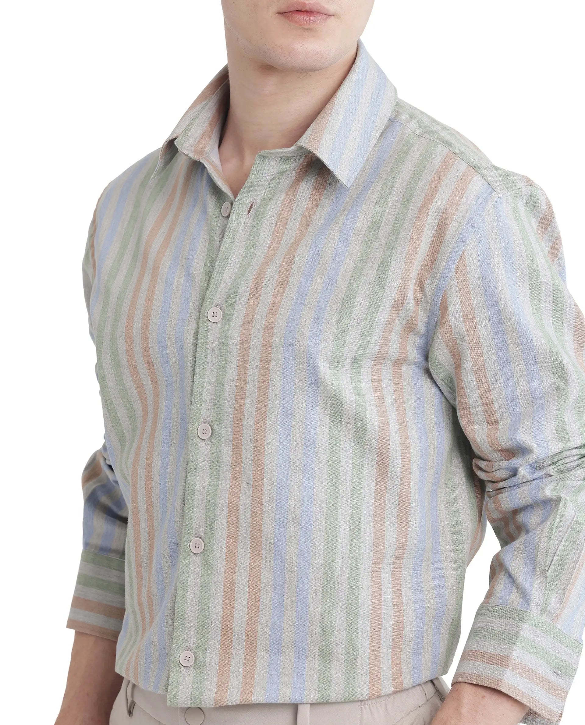 Rare Rabbit Men's Tock Grey Cotton Fabric Full Sleeve Regular Collared Button Closure Multicolor Stripe Shirt