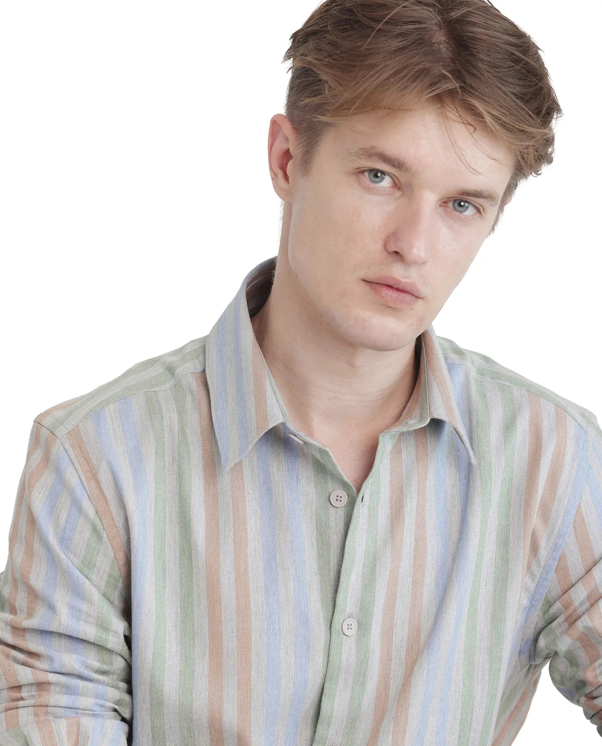 Rare Rabbit Men's Tock Grey Cotton Fabric Full Sleeve Regular Collared Button Closure Multicolor Stripe Shirt