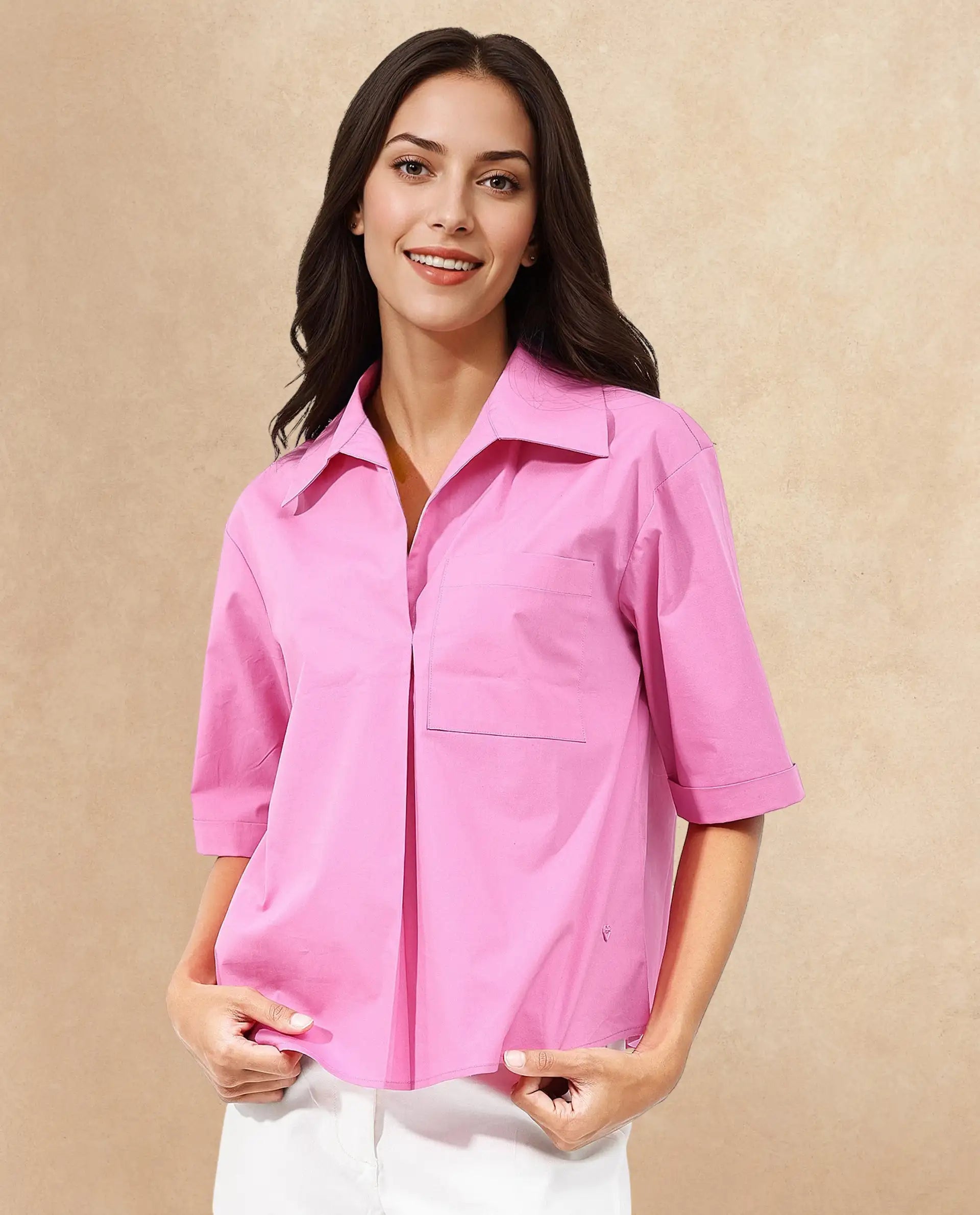Rareism Women Toefil Pastel Pink Cotton Fabric Collared Neck Solid Regular Fit Shirt