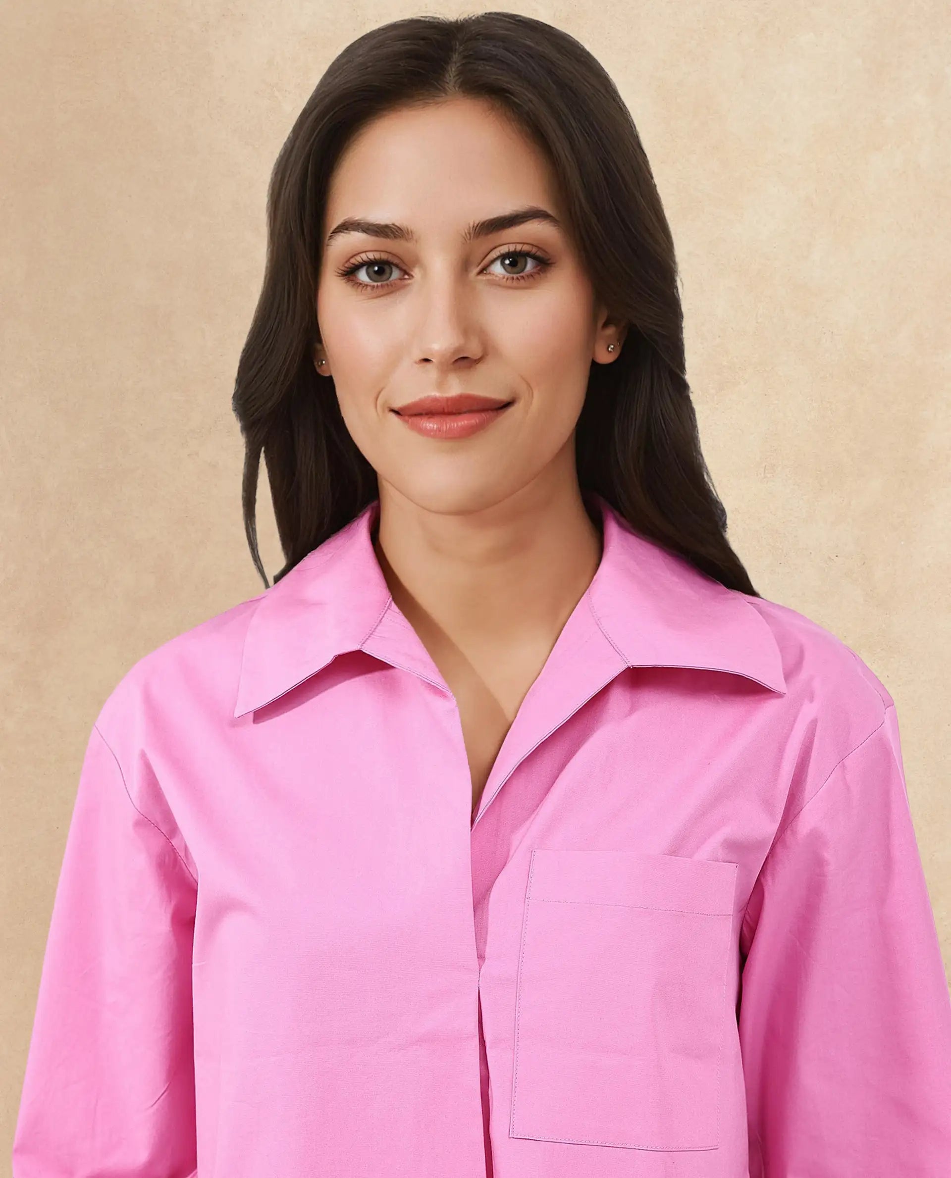 Rareism Women Toefil Pastel Pink Cotton Fabric Collared Neck Solid Regular Fit Shirt
