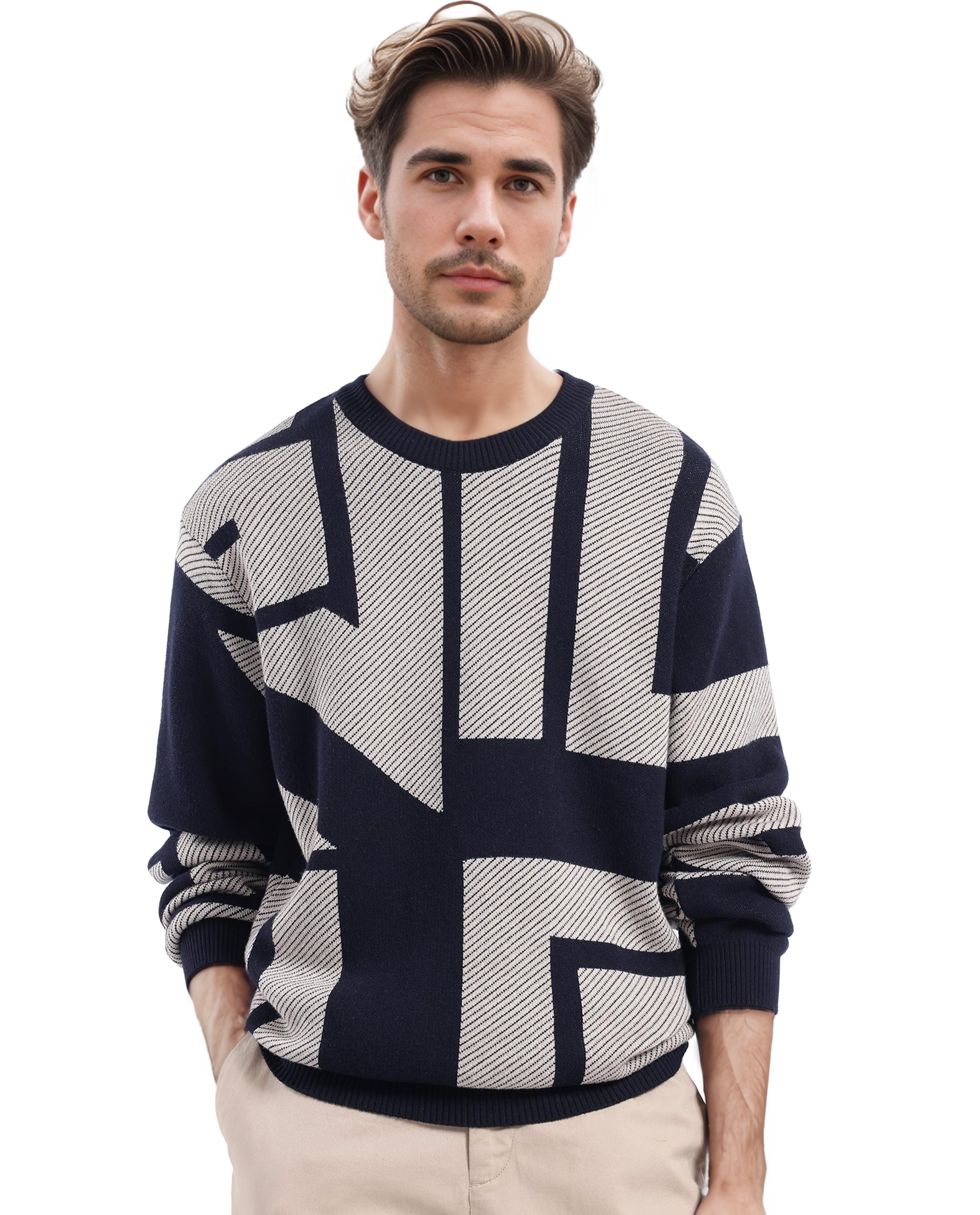 Rare Rabbit Men's Toge Navy Cotton Fabric Full Sleeve Crew Neck Monogram Print Sweater