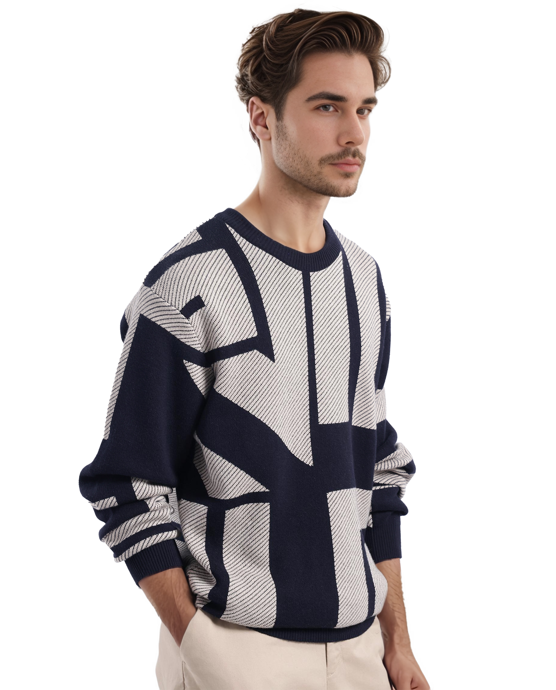Rare Rabbit Men's Toge Navy Cotton Fabric Full Sleeve Crew Neck Monogram Print Sweater