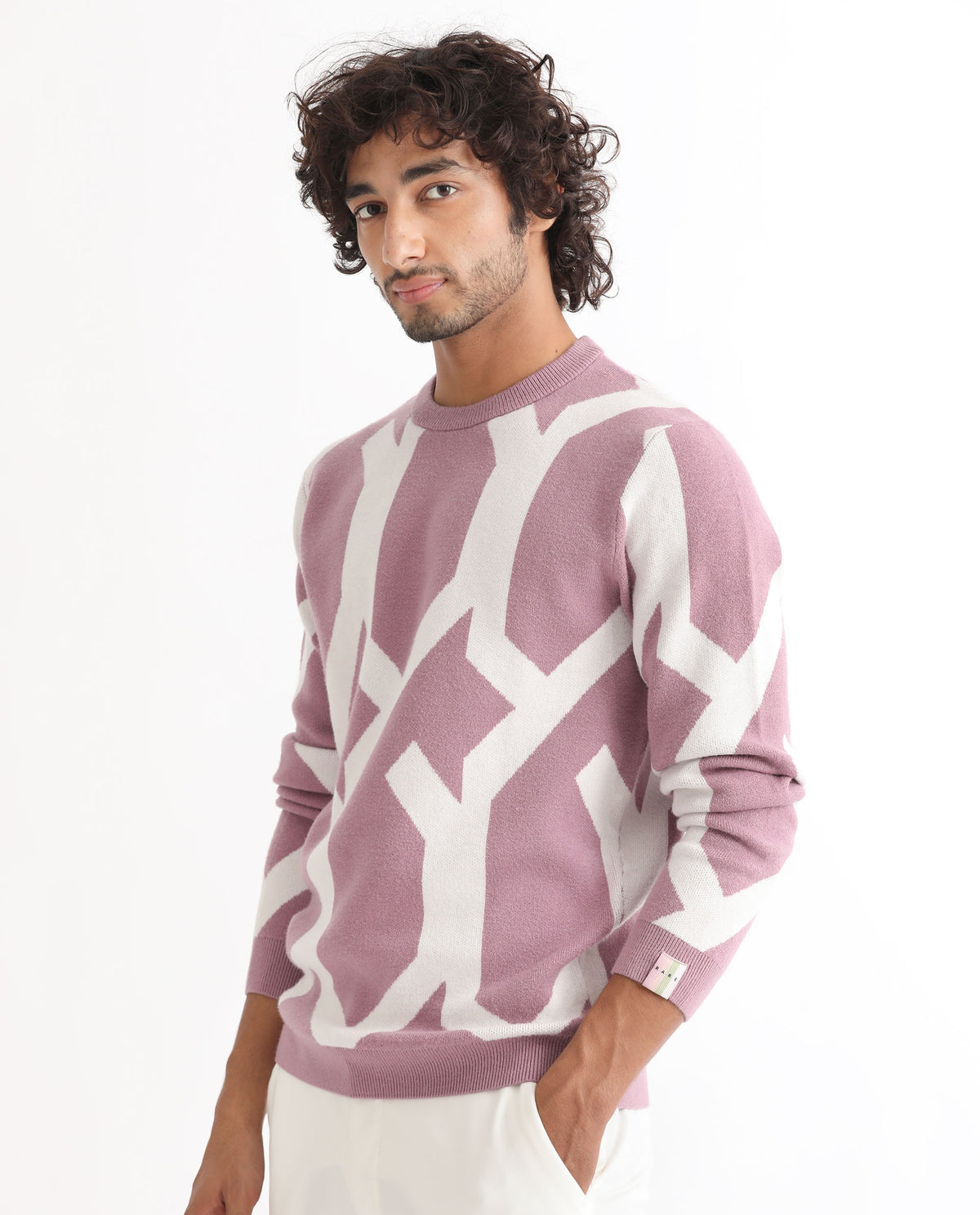 Rare Rabbit Mens Togepi Pink Sweater Viscose Polyester Nylon Fabric Crew Neck Knitted Full Sleeves Comfortable Fit