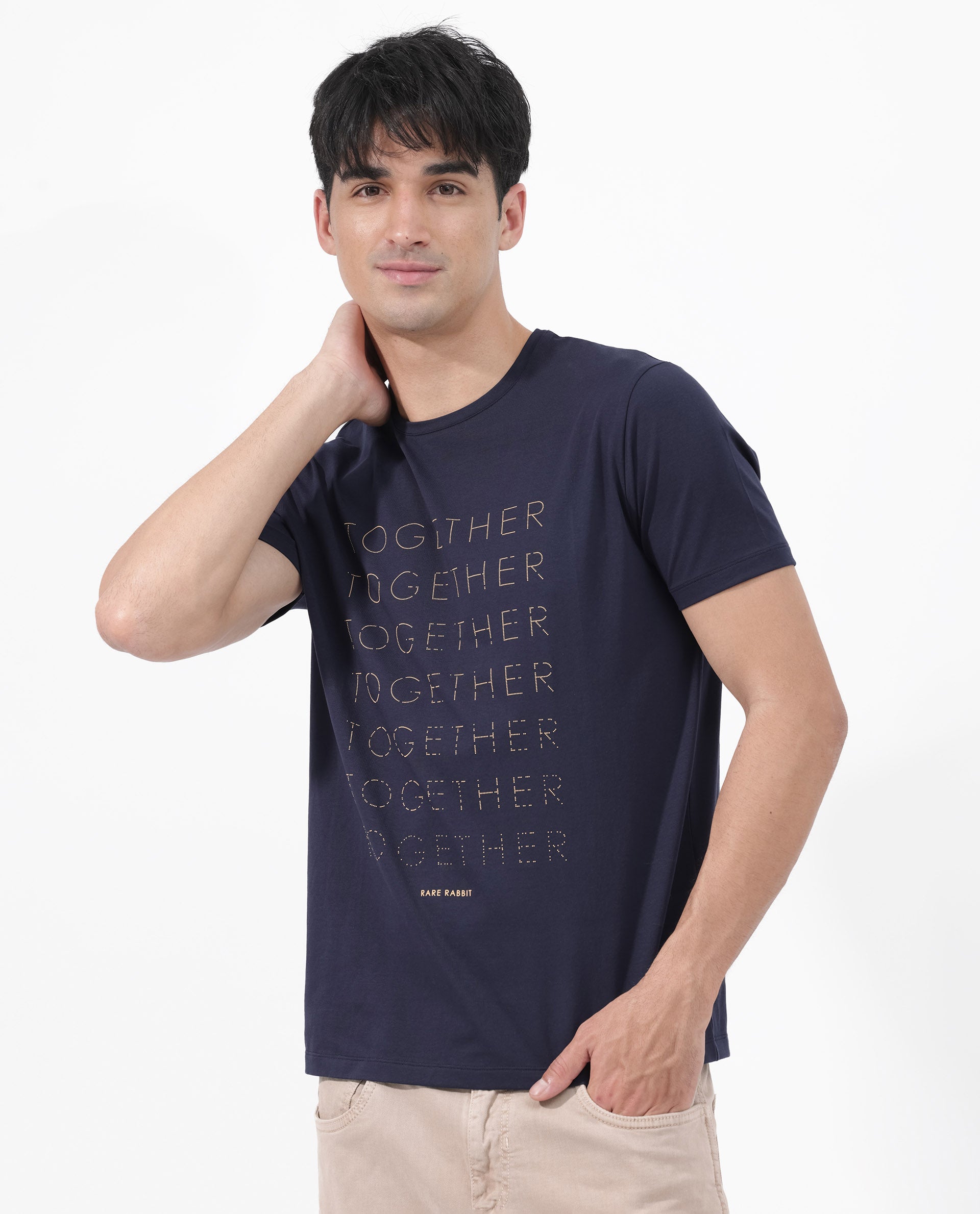 Rare Rabbit Articale Men's Together-1 Navy Crew Neck Relaxed Fit Knit Typography Print T-Shirt