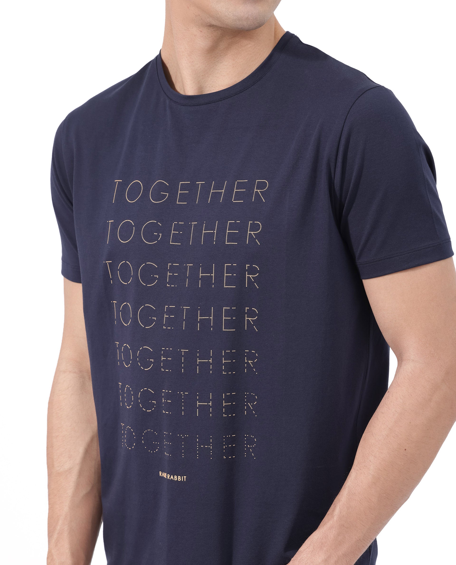 Rare Rabbit Articale Men's Together-1 Navy Crew Neck Relaxed Fit Knit Typography Print T-Shirt