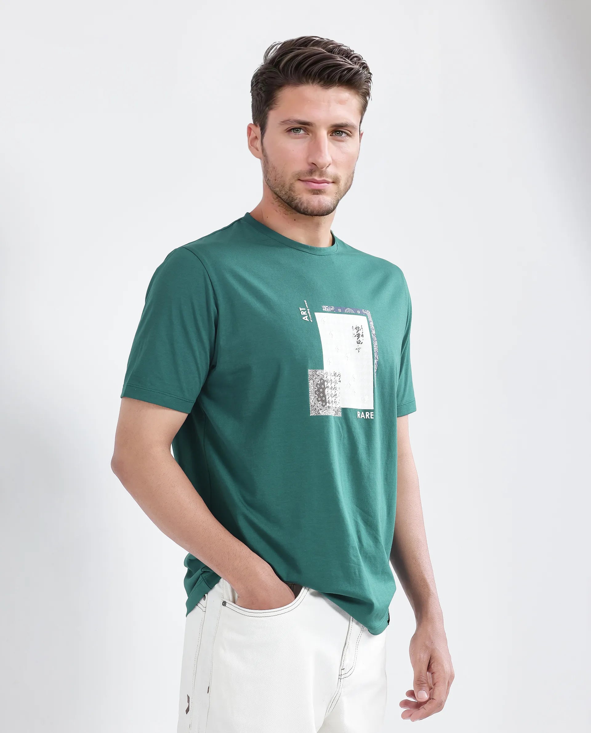 Rare Rabbit Men's Toid Dark Green Cotton Blend Fabric Half Sleeve Crew Neck Regular Fit Graphic Print T-Shirt