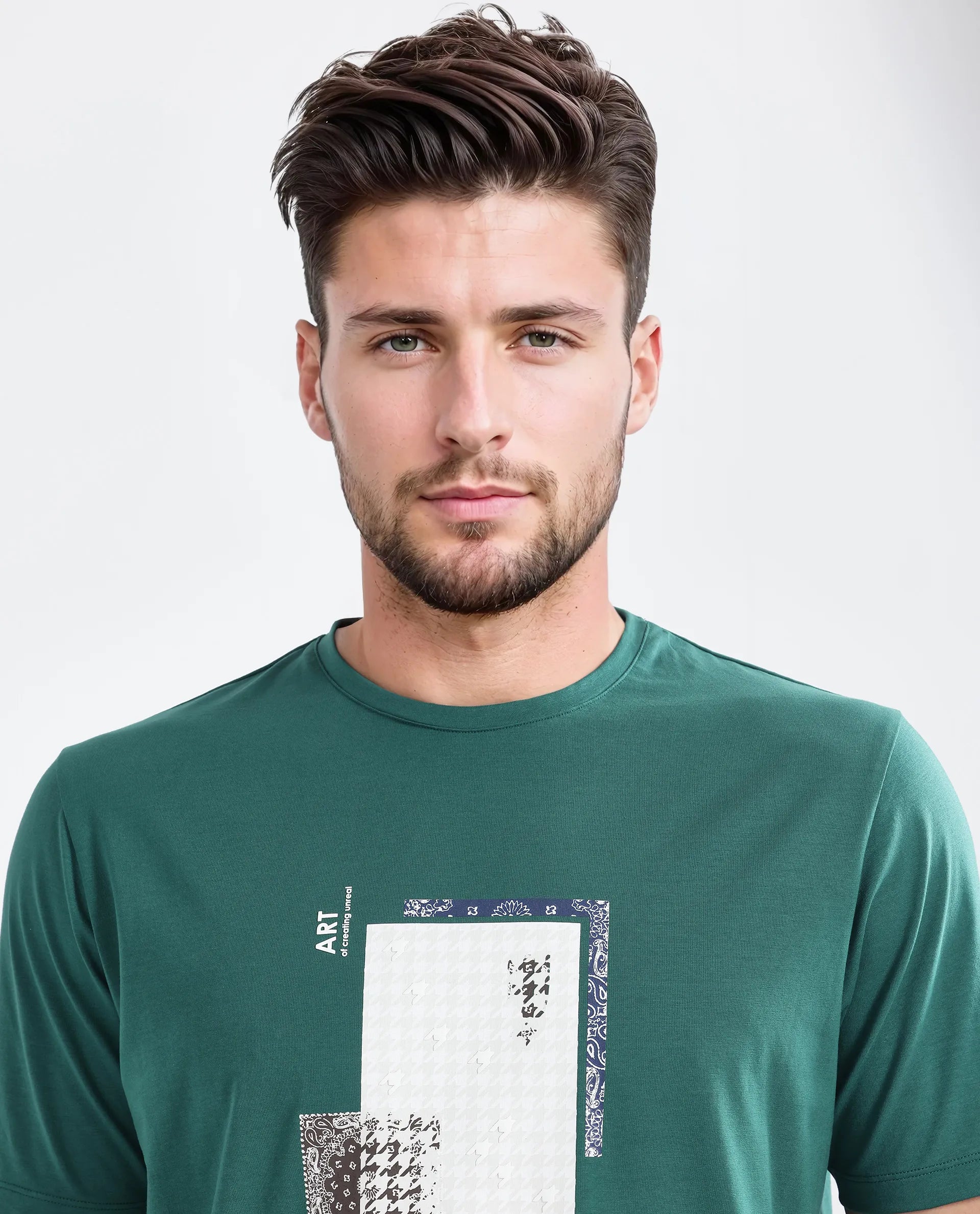 Rare Rabbit Men's Toid Dark Green Cotton Blend Fabric Half Sleeve Crew Neck Regular Fit Graphic Print T-Shirt