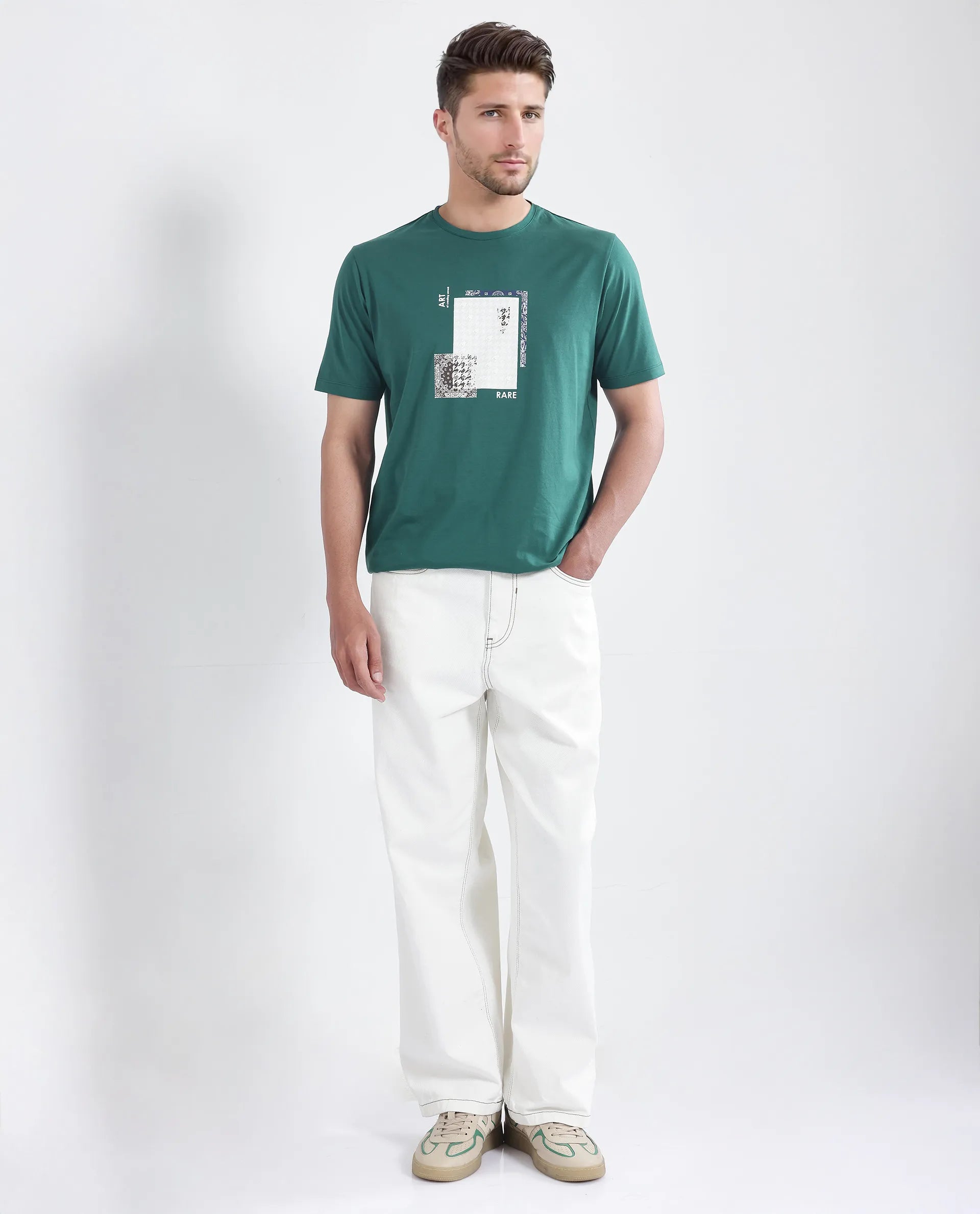 Rare Rabbit Men's Toid Dark Green Cotton Blend Fabric Half Sleeve Crew Neck Regular Fit Graphic Print T-Shirt