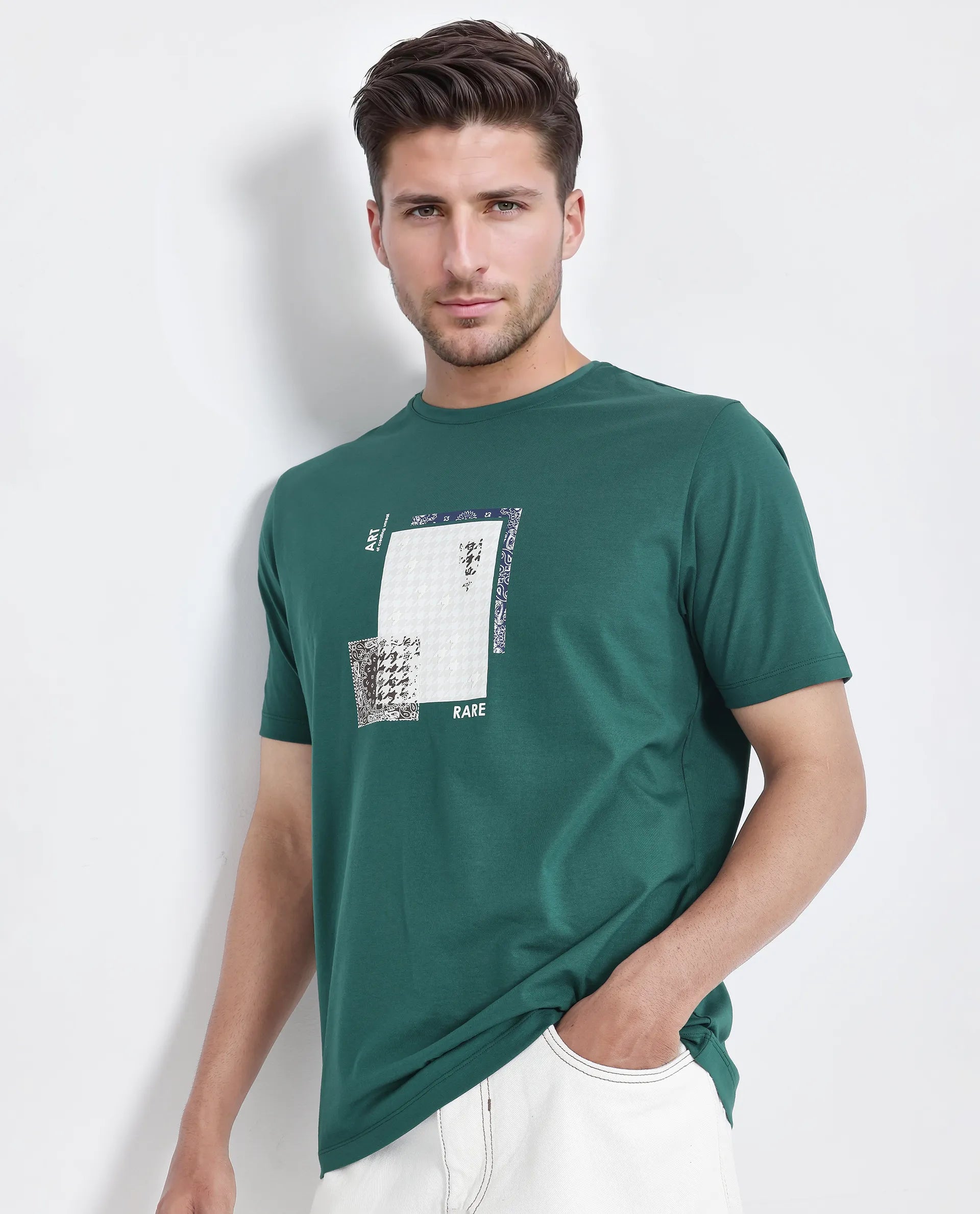 Rare Rabbit Men's Toid Dark Green Cotton Blend Fabric Half Sleeve Crew Neck Regular Fit Graphic Print T-Shirt