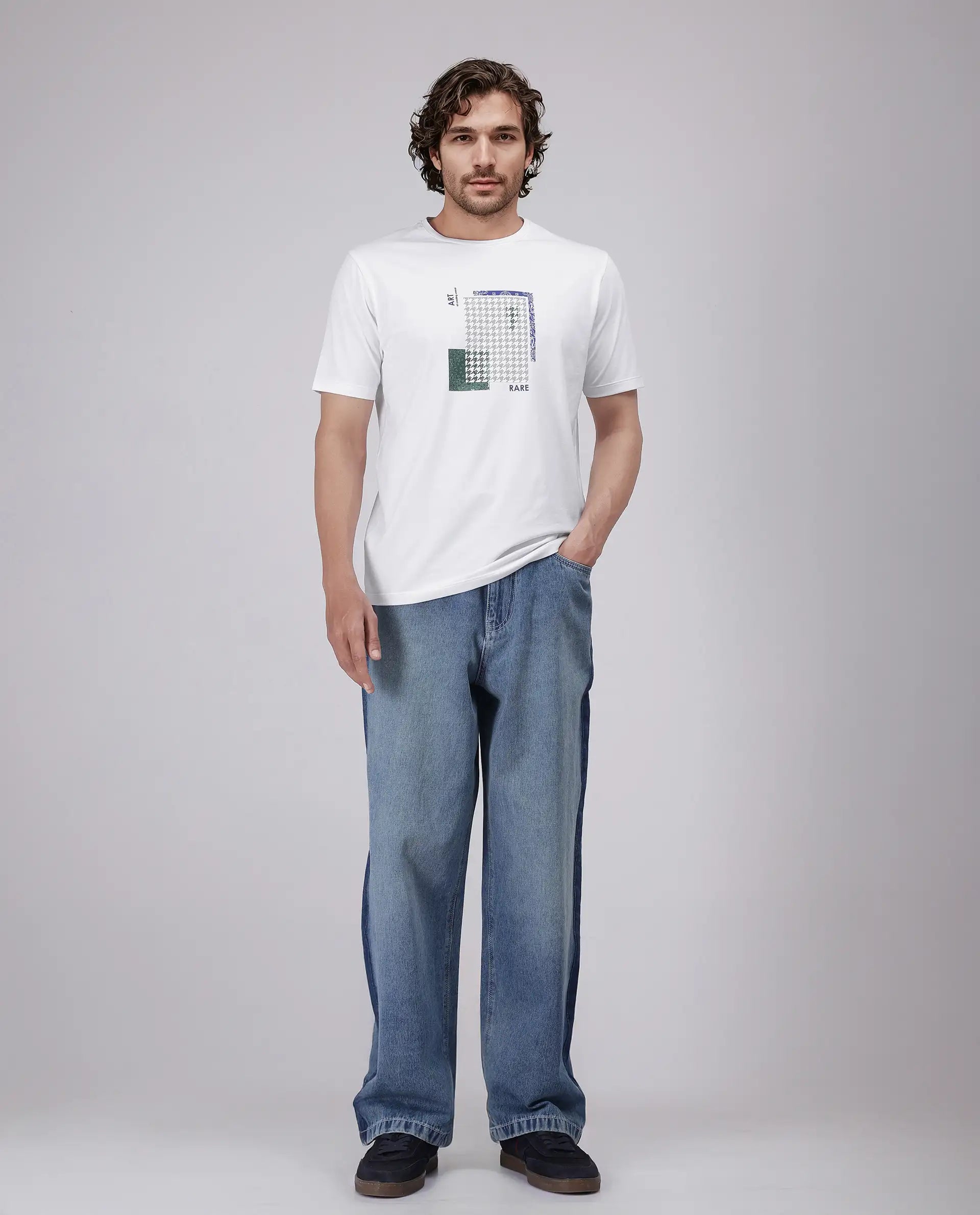 Rare Rabbit Men's Toid White Cotton Blend Fabric Half Sleeve Crew Neck Regular Fit Graphic Print T-Shirt