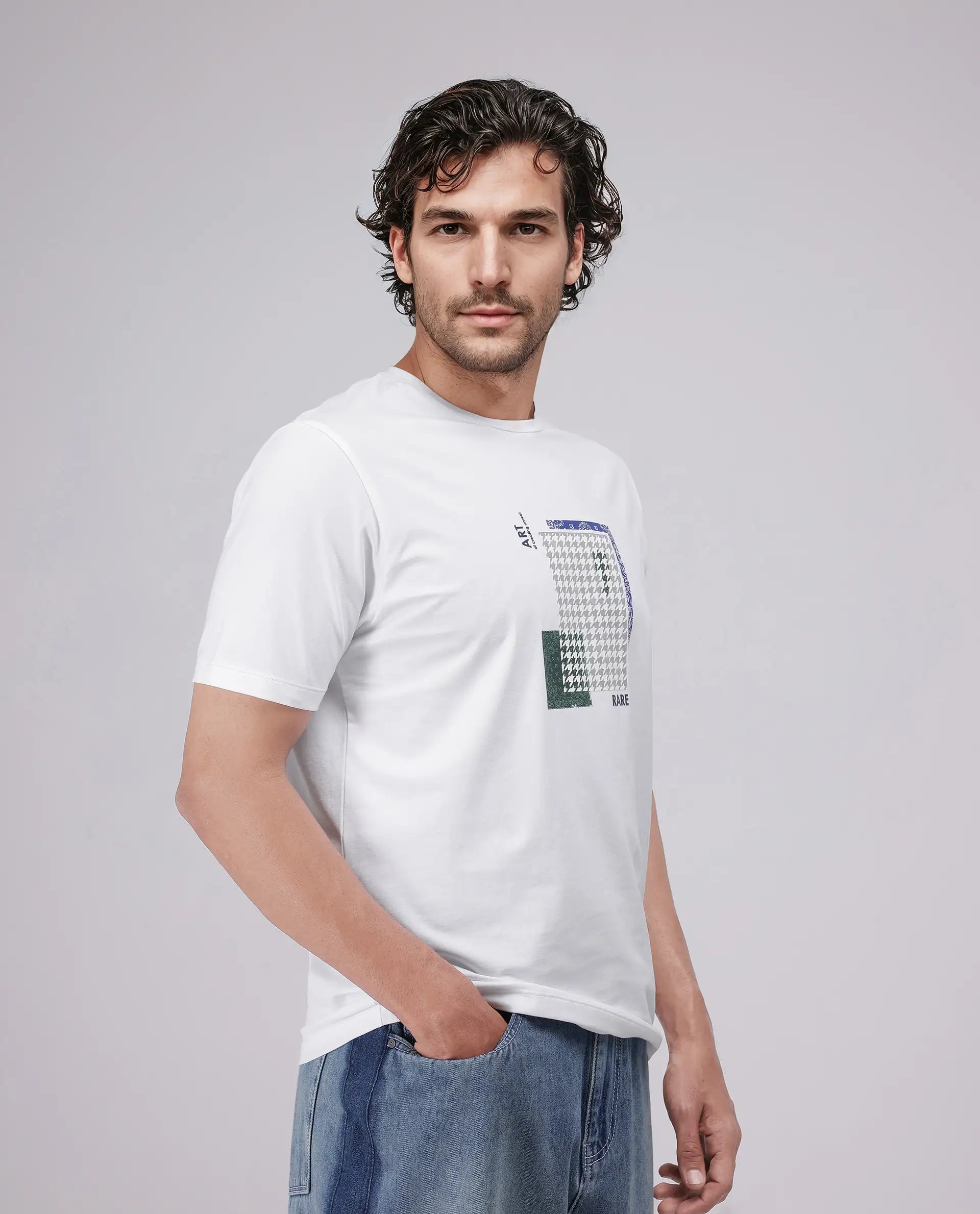 Rare Rabbit Men's Toid White Cotton Blend Fabric Half Sleeve Crew Neck Regular Fit Graphic Print T-Shirt