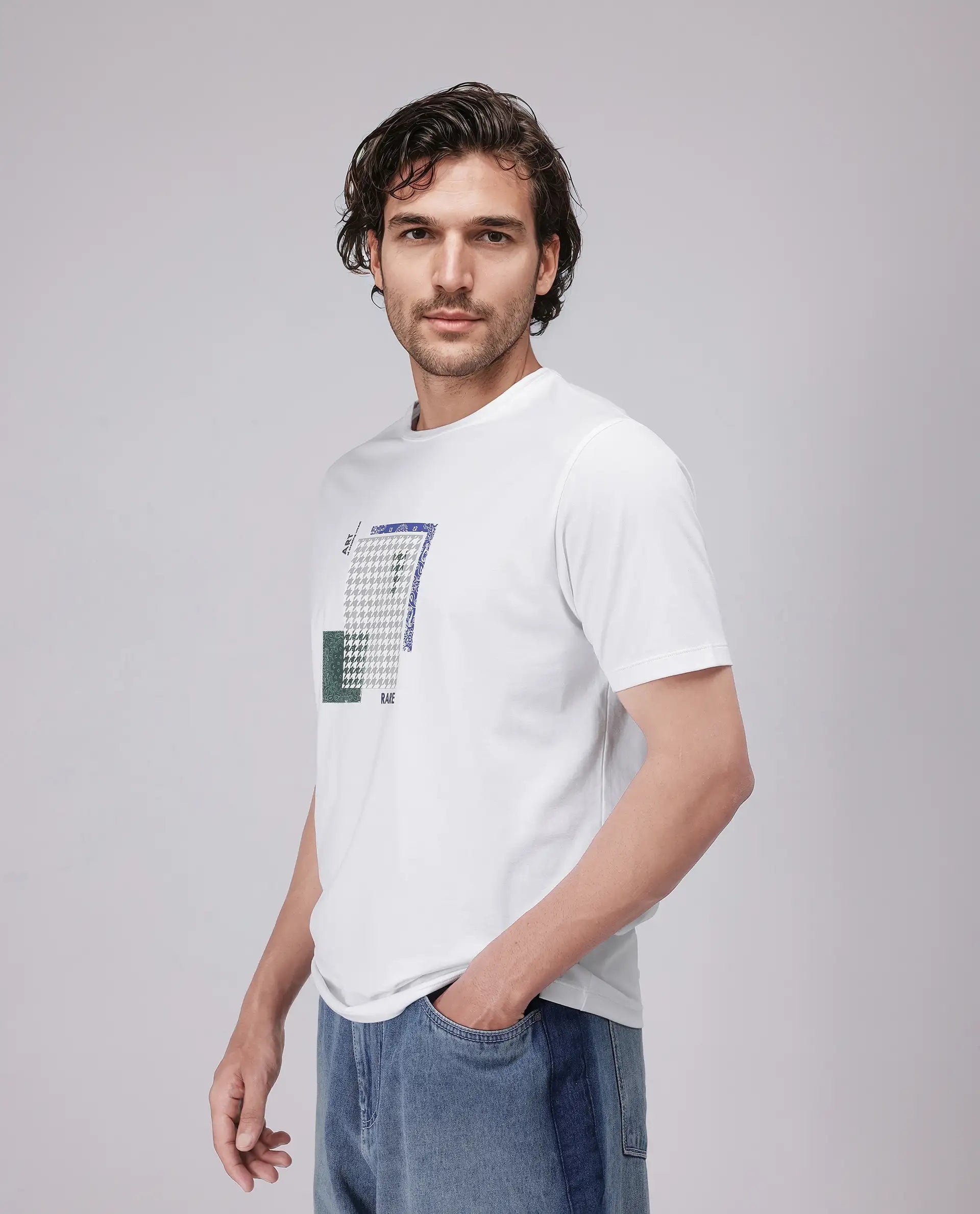 Rare Rabbit Men's Toid White Cotton Blend Fabric Half Sleeve Crew Neck Regular Fit Graphic Print T-Shirt