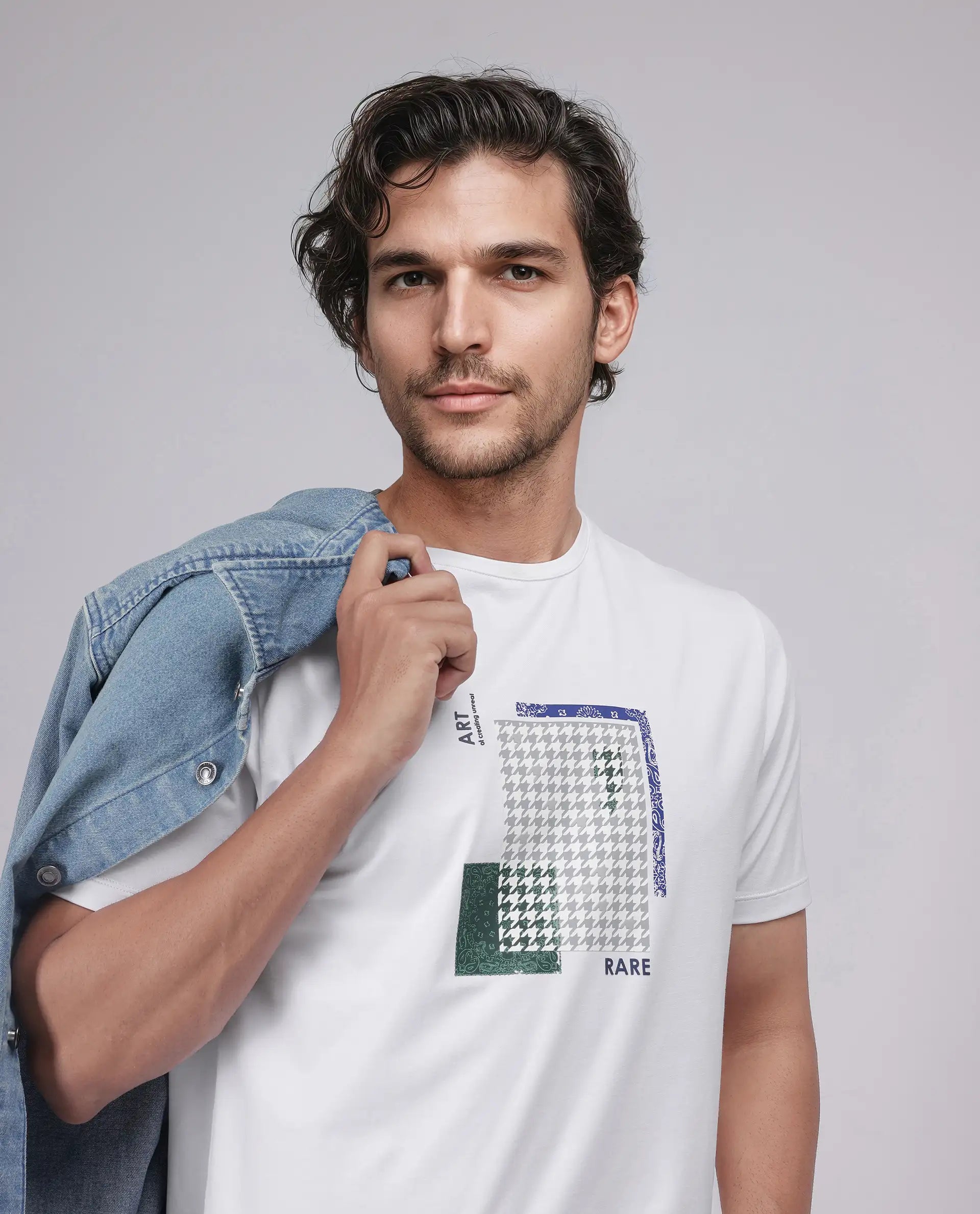 Rare Rabbit Men's Toid White Cotton Blend Fabric Half Sleeve Crew Neck Regular Fit Graphic Print T-Shirt