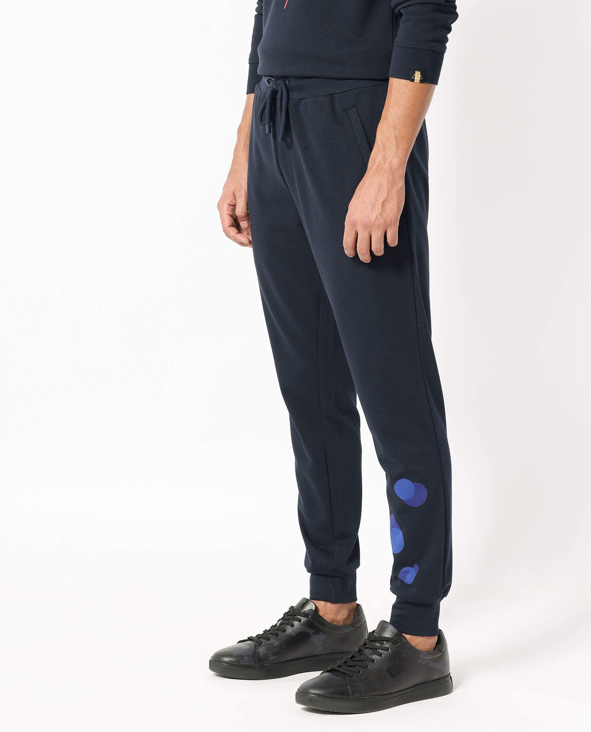 Rare Rabbit Mens Toka Navy Cotton Polyester Fabric Drawstring Closure Regular Fit Mid Rise Trackpant