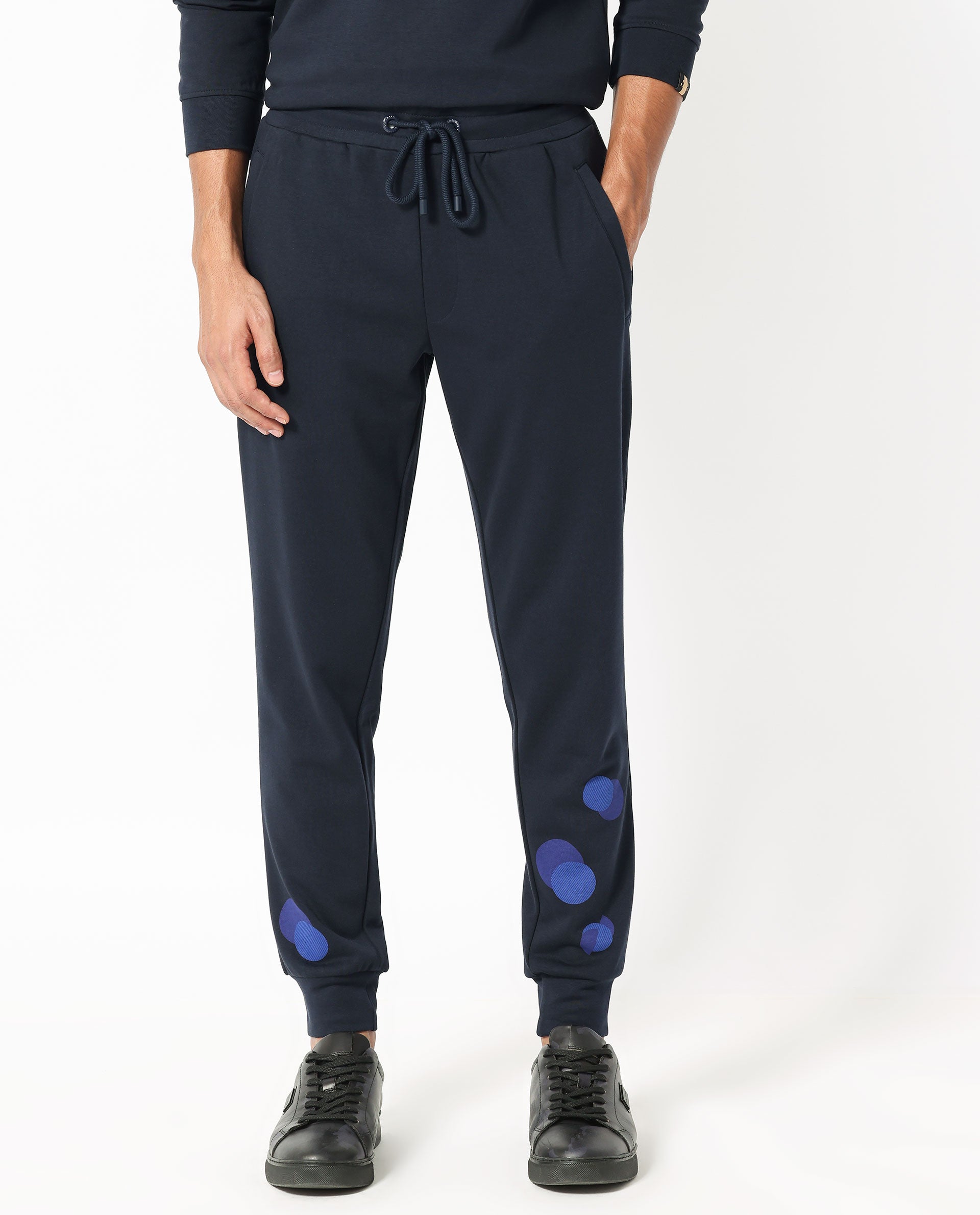 Rare Rabbit Mens Toka Navy Cotton Polyester Fabric Drawstring Closure Regular Fit Mid Rise Trackpant