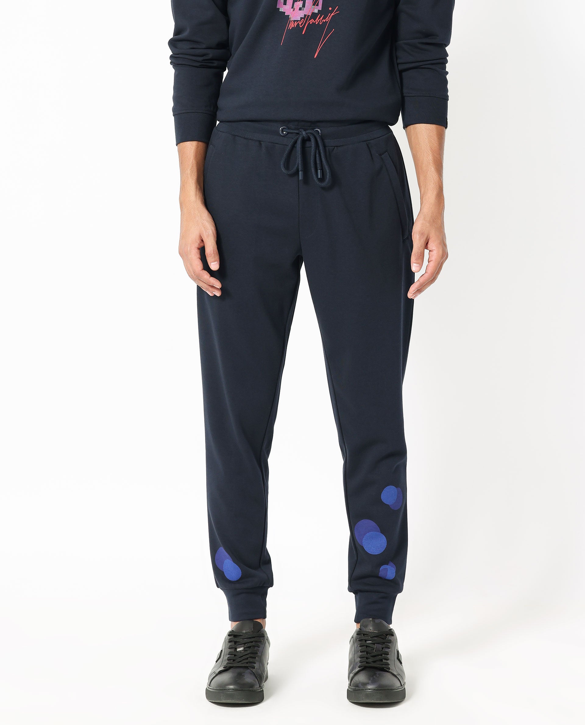 Rare Rabbit Mens Toka Navy Cotton Polyester Fabric Drawstring Closure Regular Fit Mid Rise Trackpant