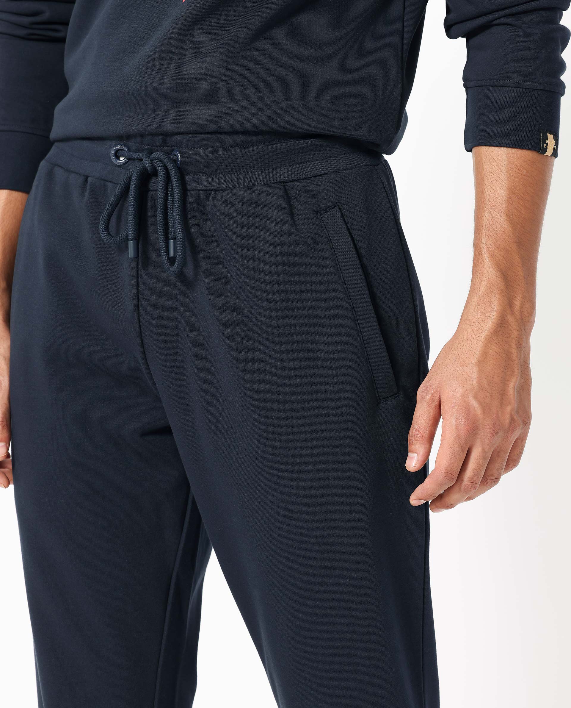 Rare Rabbit Mens Toka Navy Cotton Polyester Fabric Drawstring Closure Regular Fit Mid Rise Trackpant