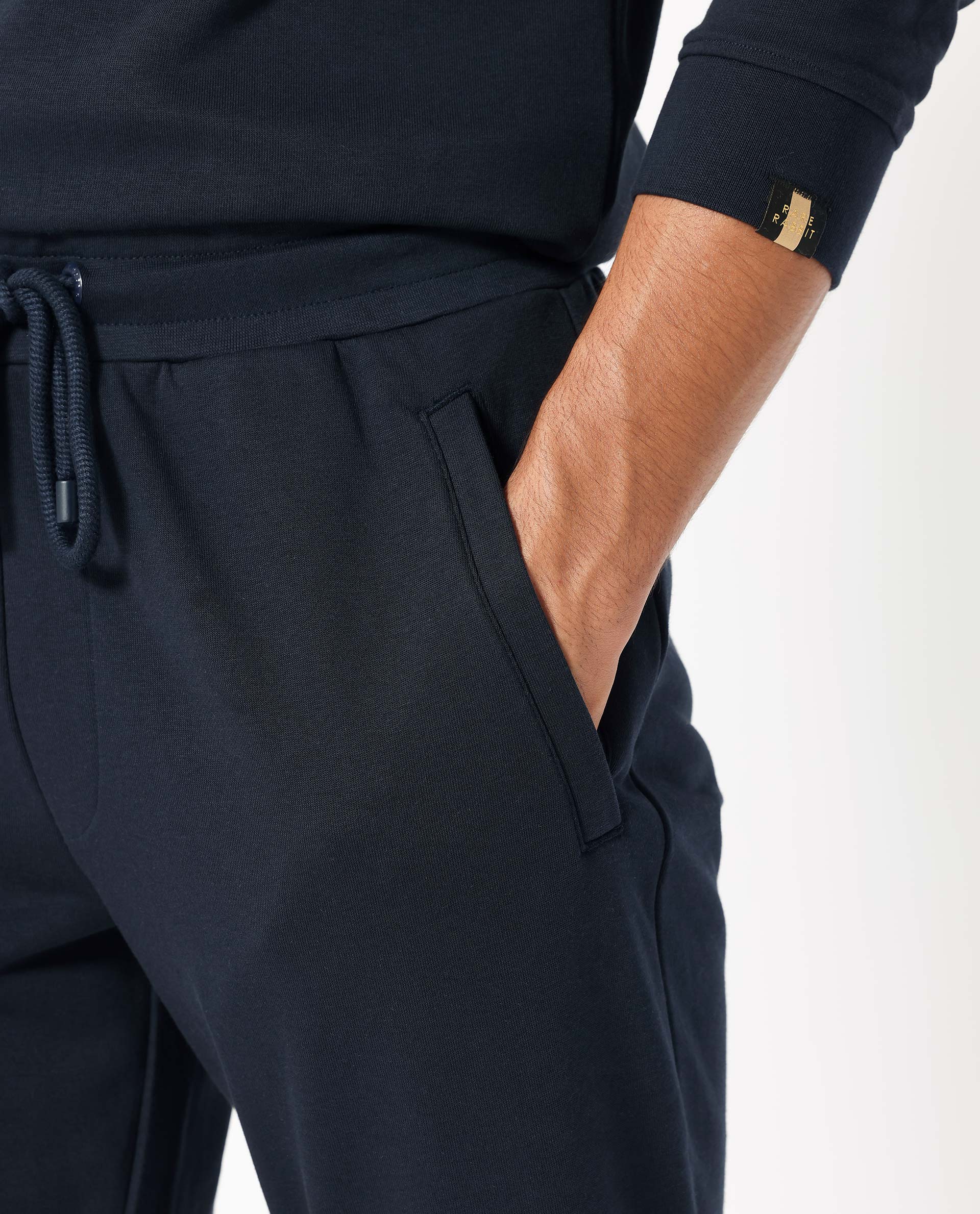 Rare Rabbit Mens Toka Navy Cotton Polyester Fabric Drawstring Closure Regular Fit Mid Rise Trackpant