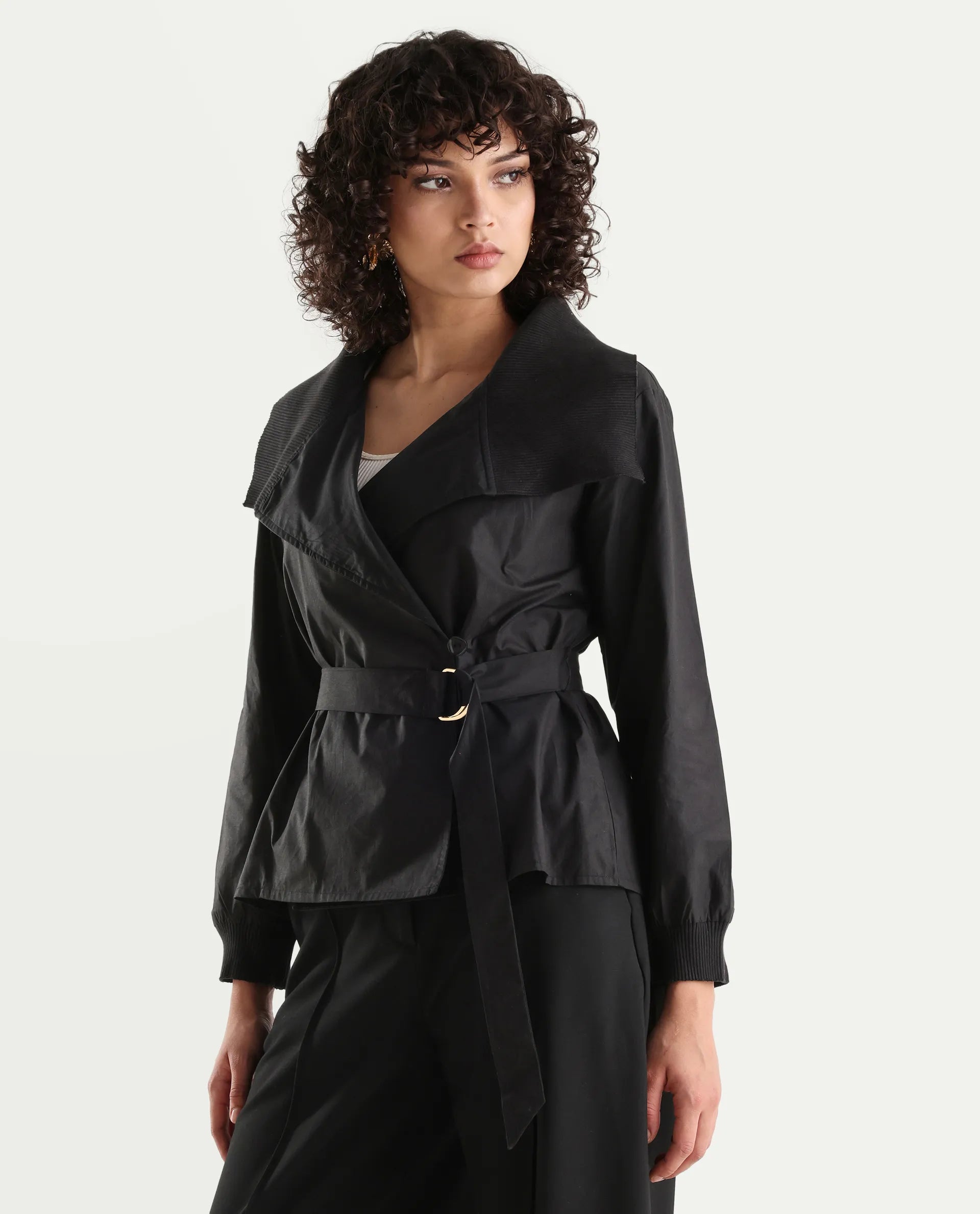 Rareism Women's Tokat Black Cotton Ribbed Collar Plain Ribbed Sleeve Boxy Fit Jacket