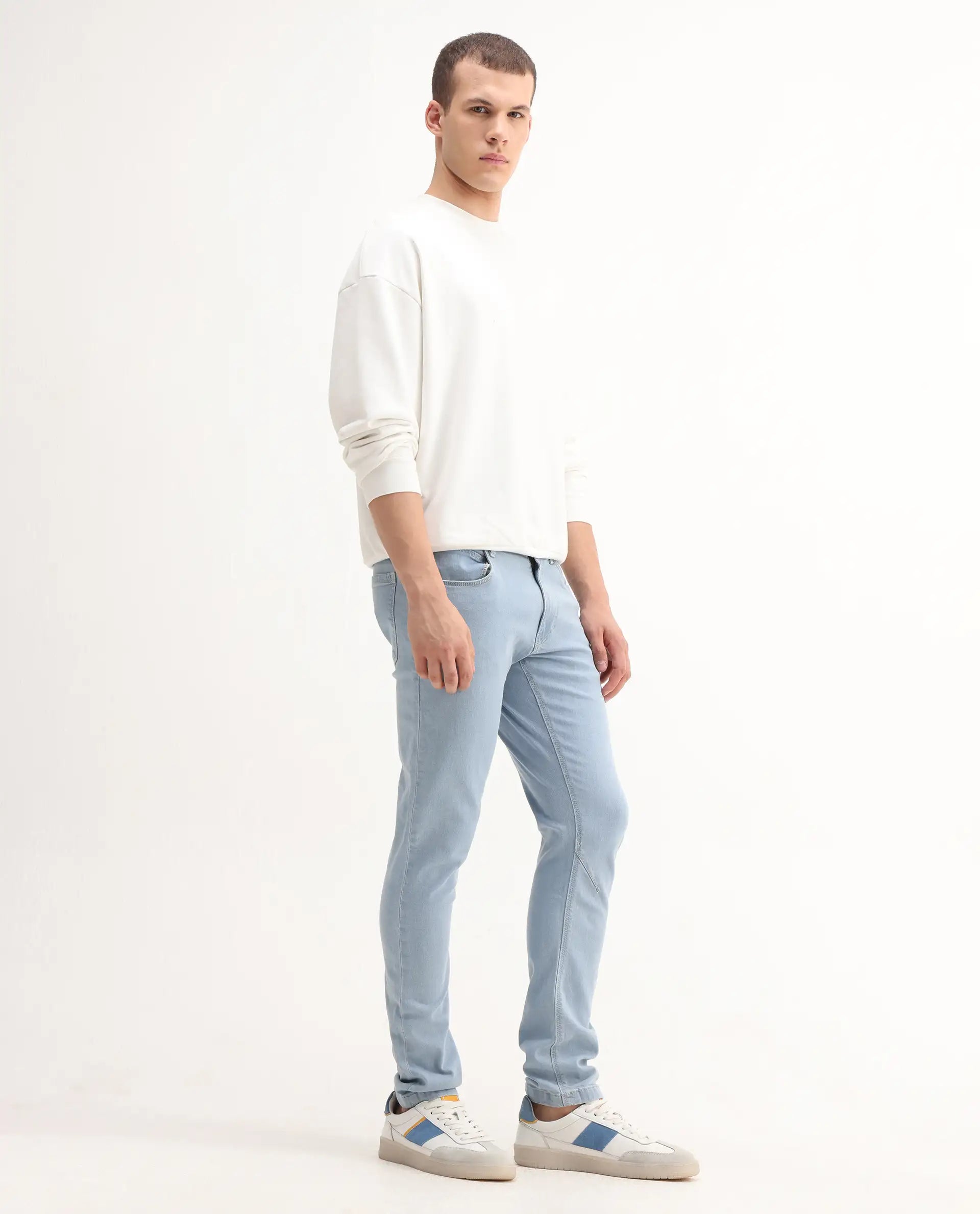 Rare Rabbit Men's Toke Light Blue Cotton Plain Hawk Slim Fit Jeans