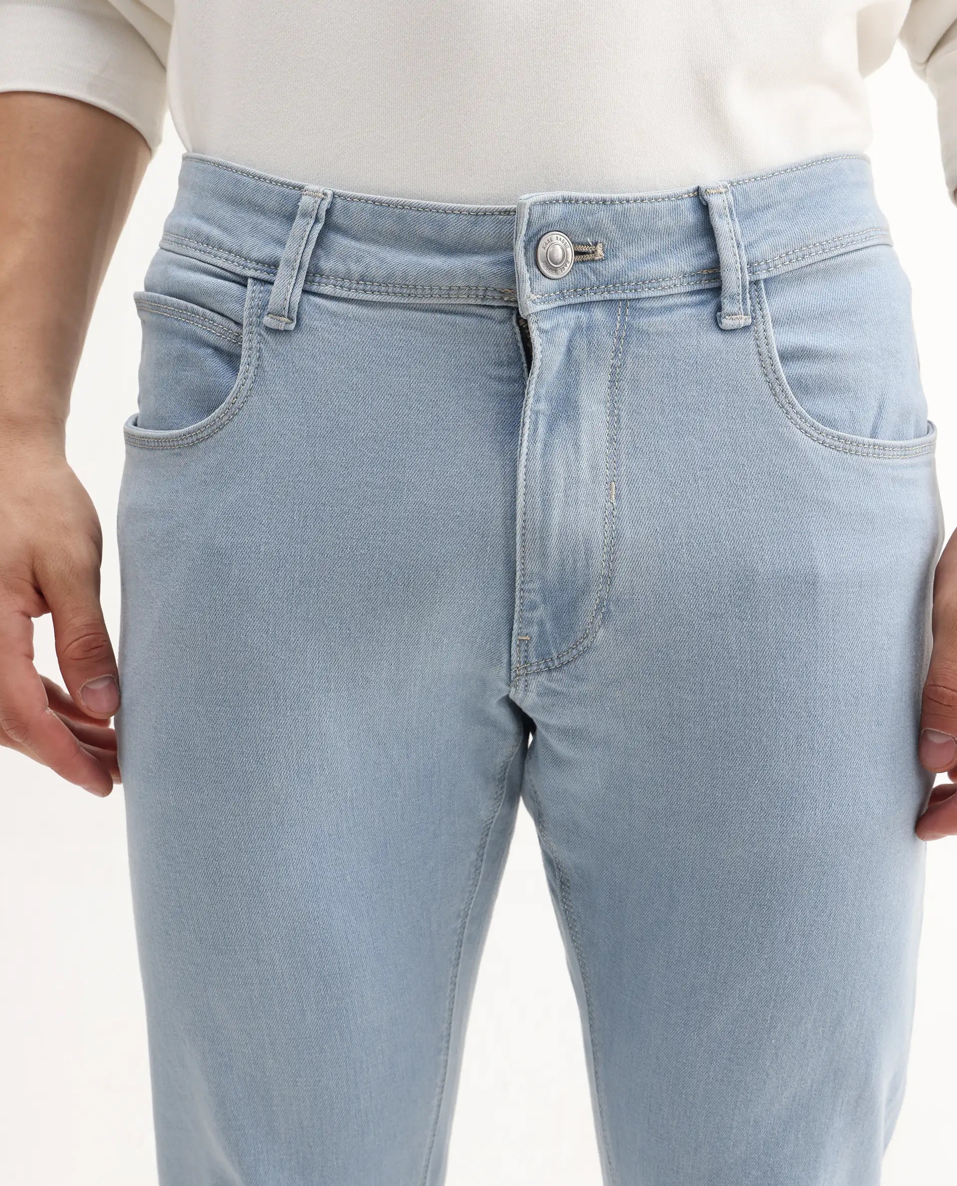 Rare Rabbit Men's Toke Light Blue Cotton Plain Hawk Slim Fit Jeans
