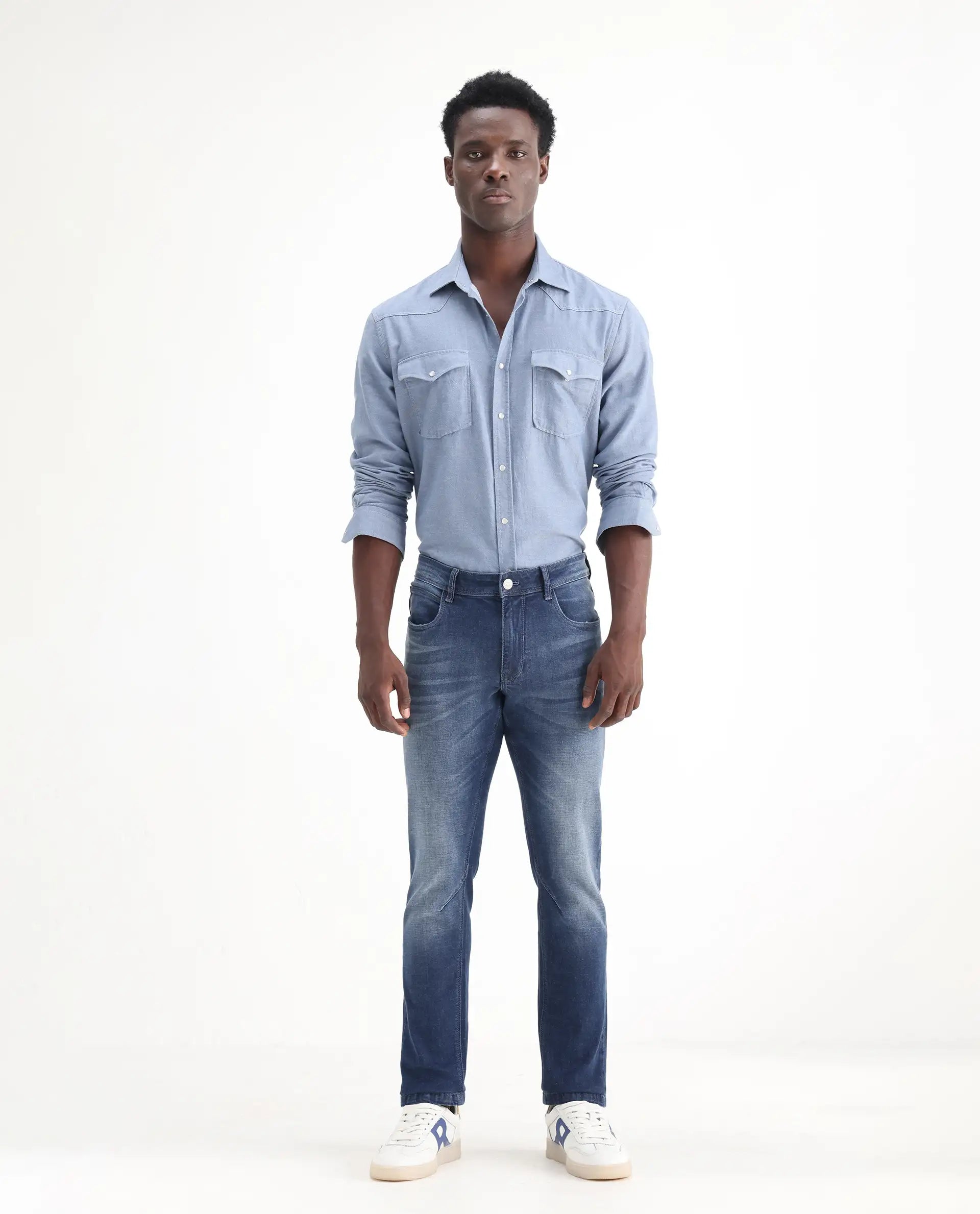 Rare Rabbit Men's Toke Blue Cotton Plain Hawk Slim Fit Jeans