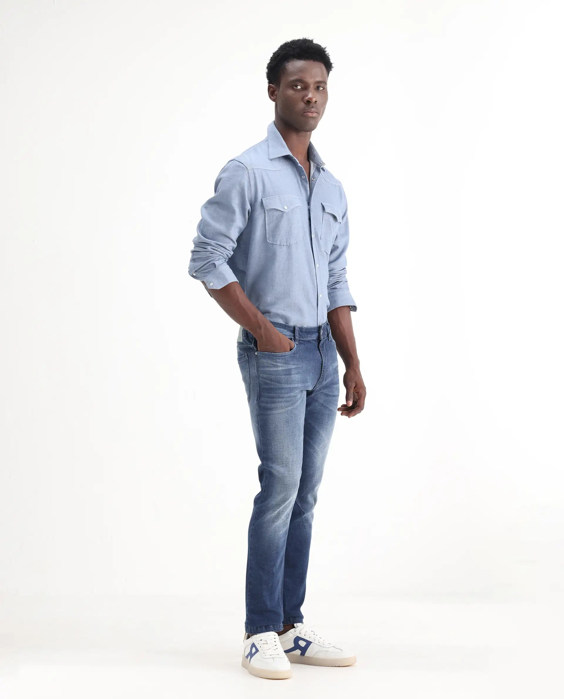 Rare Rabbit Men's Toke Blue Cotton Plain Hawk Slim Fit Jeans