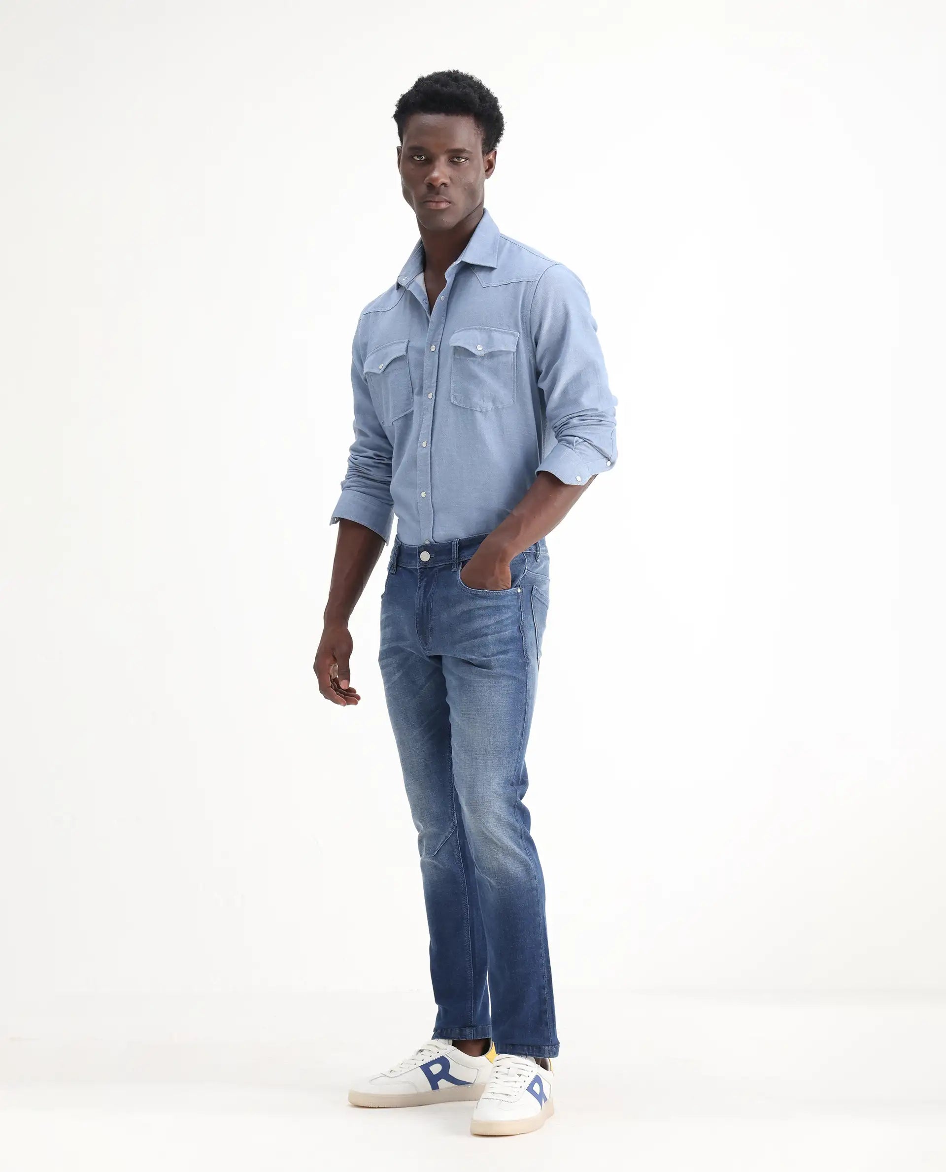 Rare Rabbit Men's Toke Blue Cotton Plain Hawk Slim Fit Jeans