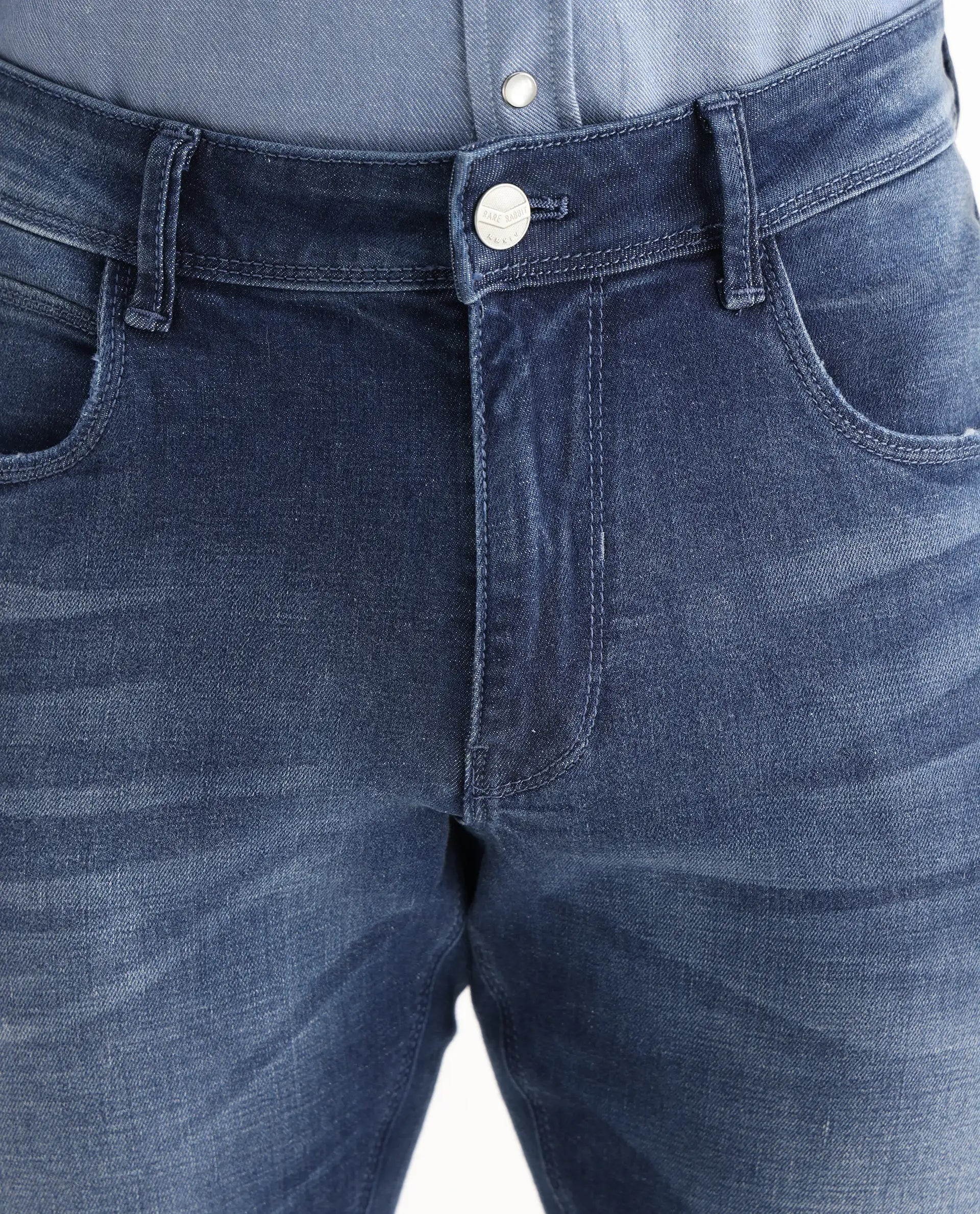 Rare Rabbit Men's Toke Blue Cotton Plain Hawk Slim Fit Jeans