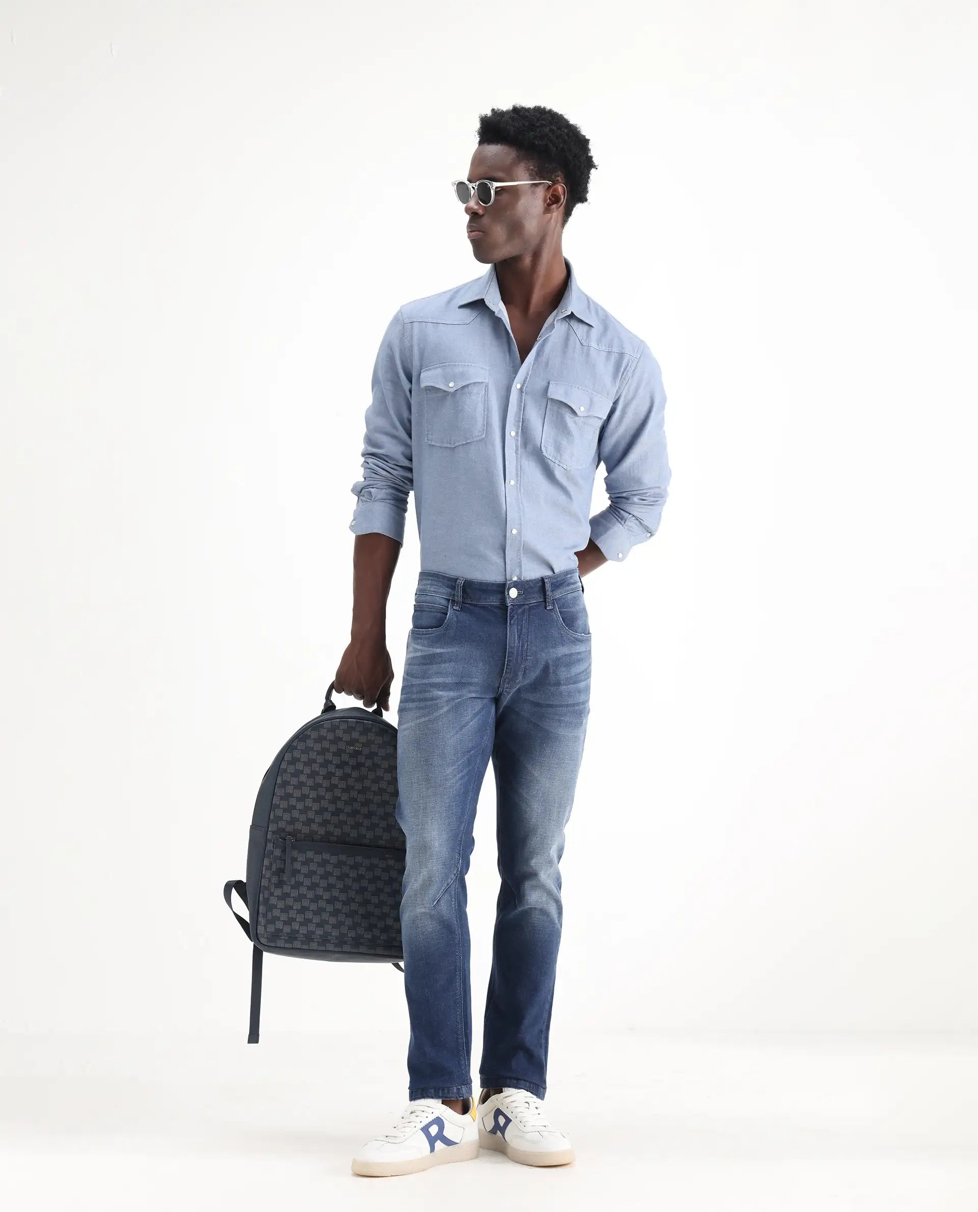 Rare Rabbit Men's Toke Blue Cotton Plain Hawk Slim Fit Jeans