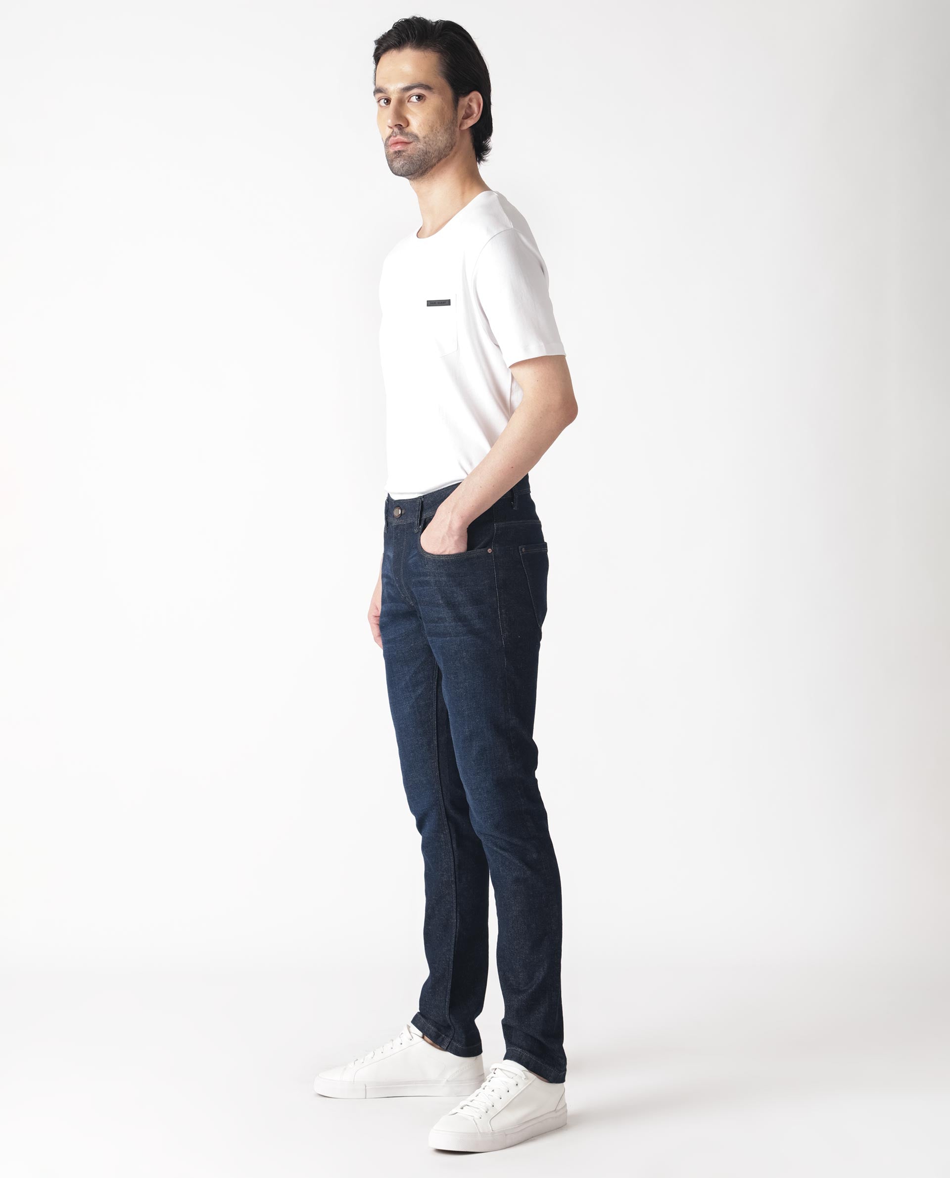 Rare Rabbit Mens Toledo Navy Mid Rise Rinse Wash Slim Fit Raw Denim Jeans