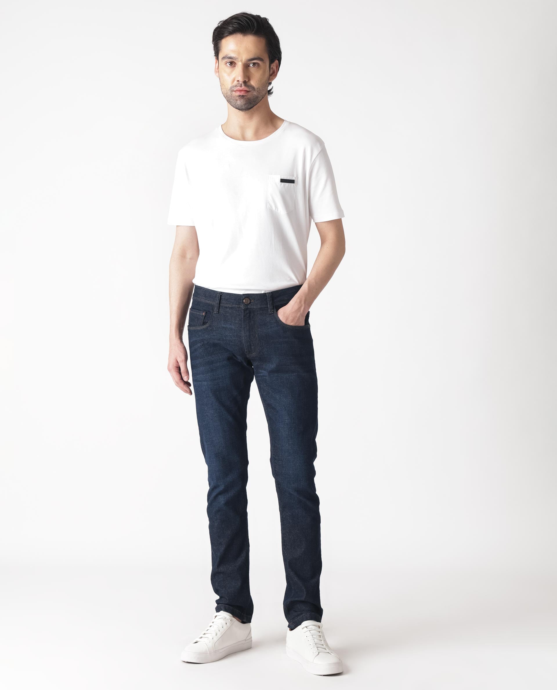 Rare Rabbit Mens Toledo Navy Mid Rise Rinse Wash Slim Fit Raw Denim Jeans