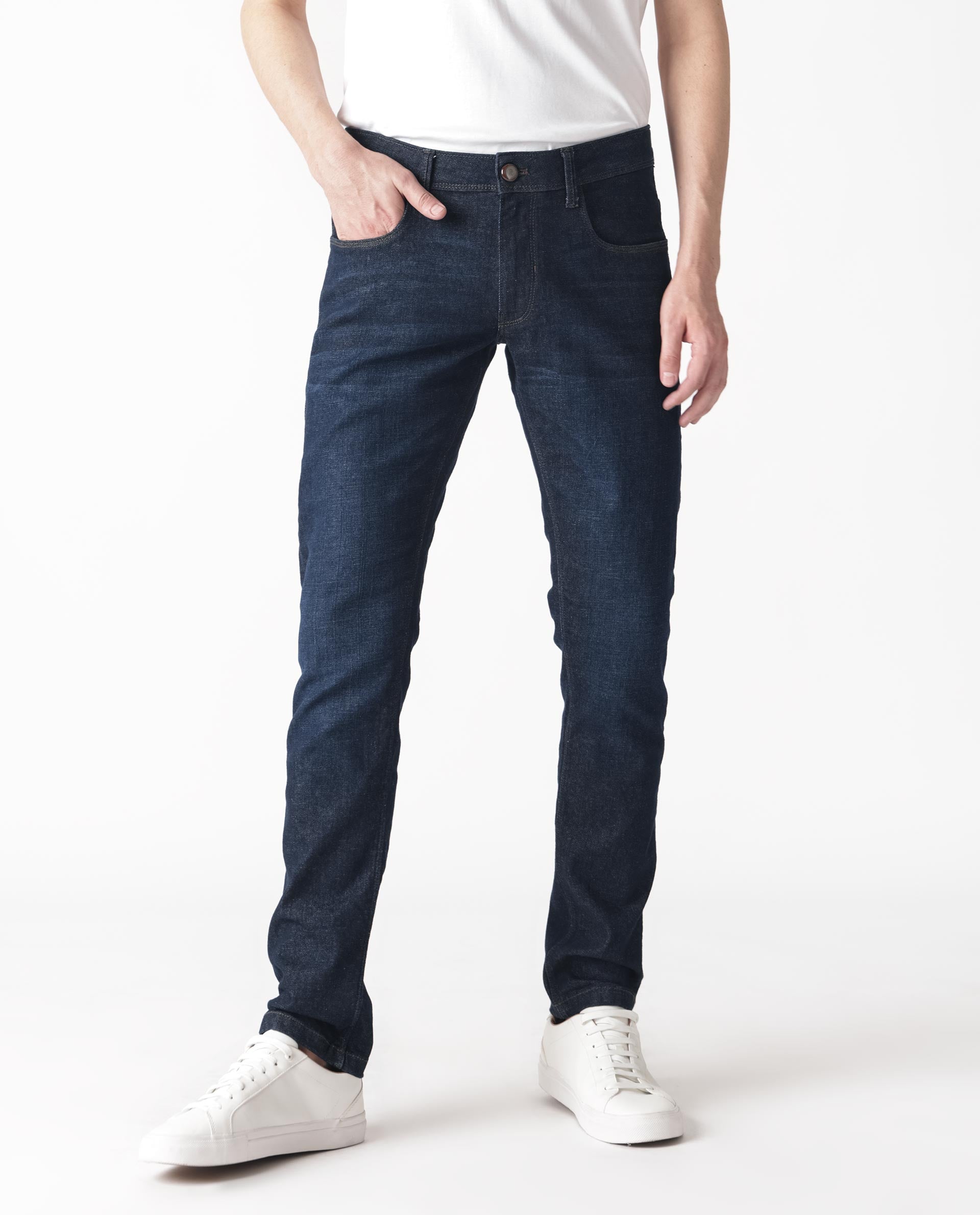 Rare Rabbit Mens Toledo Navy Mid Rise Rinse Wash Slim Fit Raw Denim Jeans