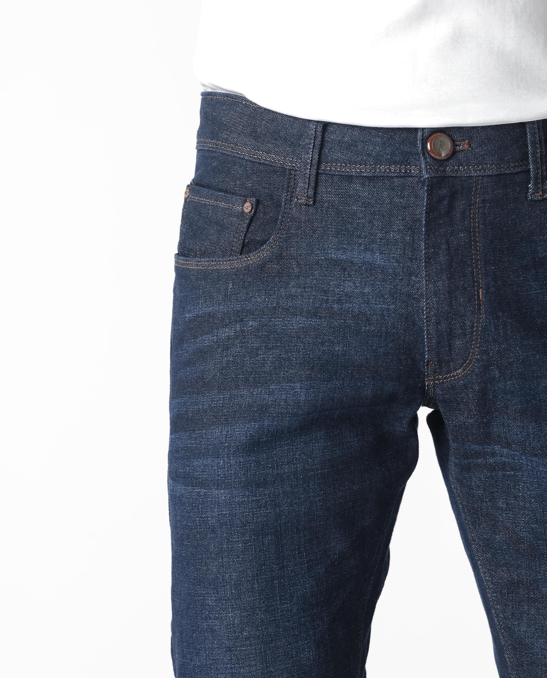 Rare Rabbit Mens Toledo Navy Mid Rise Rinse Wash Slim Fit Raw Denim Jeans