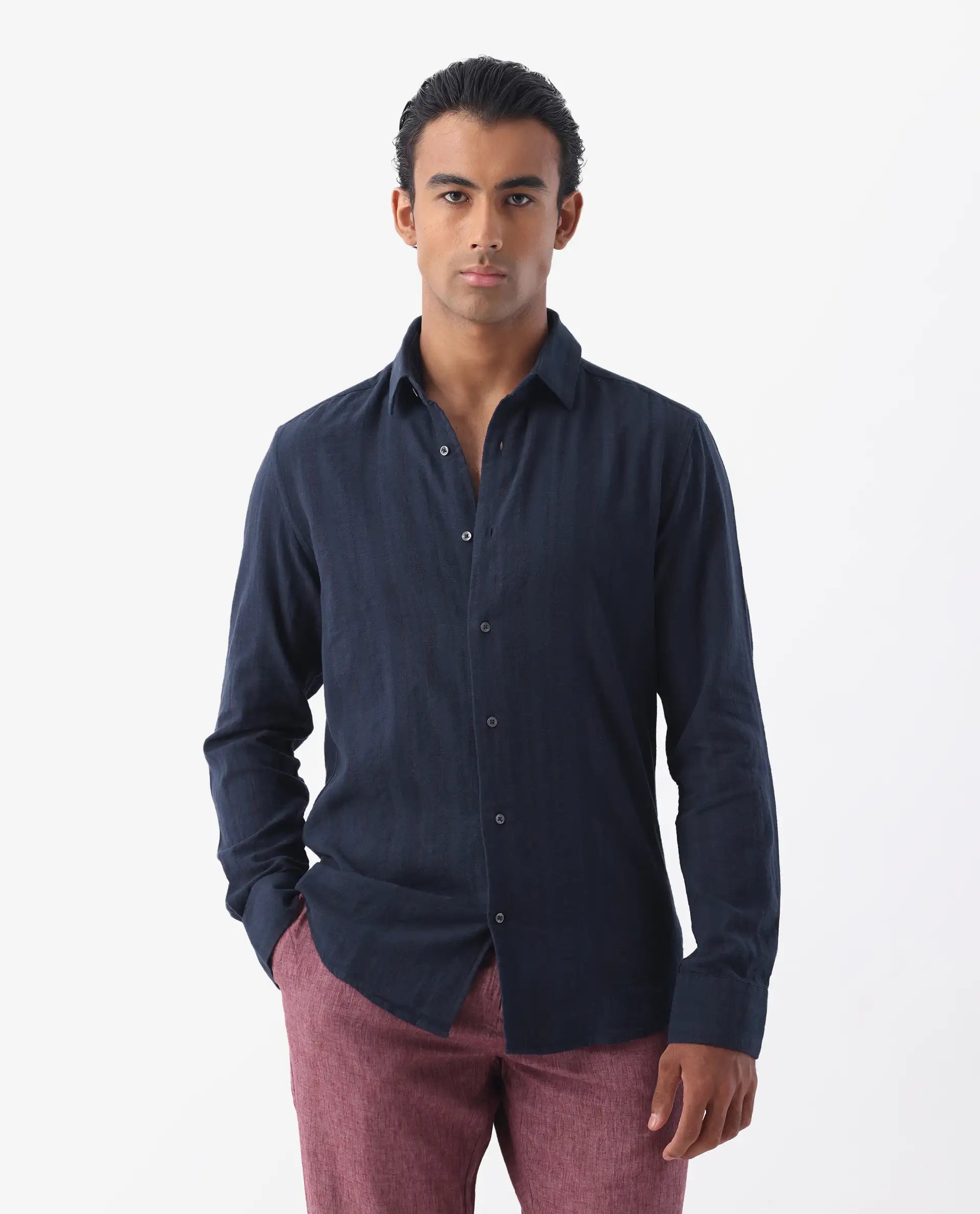 Rare Rabbit Men's Tolic Navy 100% Linen Striped Print Regular Fit Full Sleeve Collared Shirt