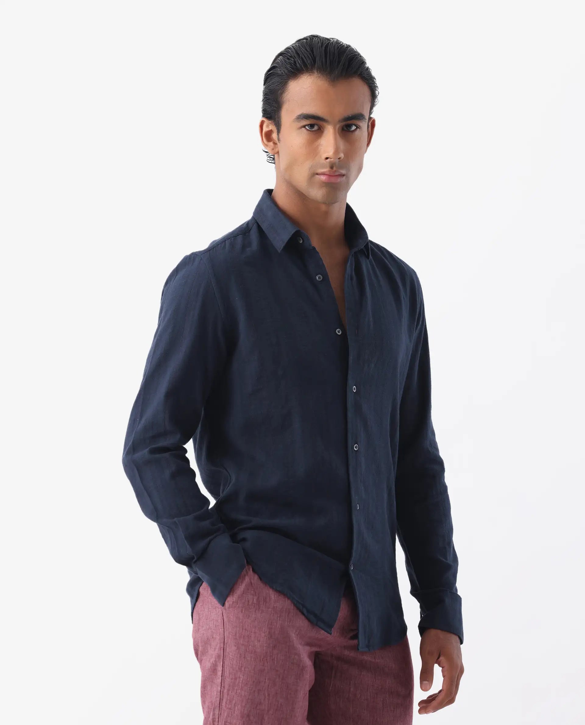 Rare Rabbit Men's Tolic Navy 100% Linen Striped Print Regular Fit Full Sleeve Collared Shirt