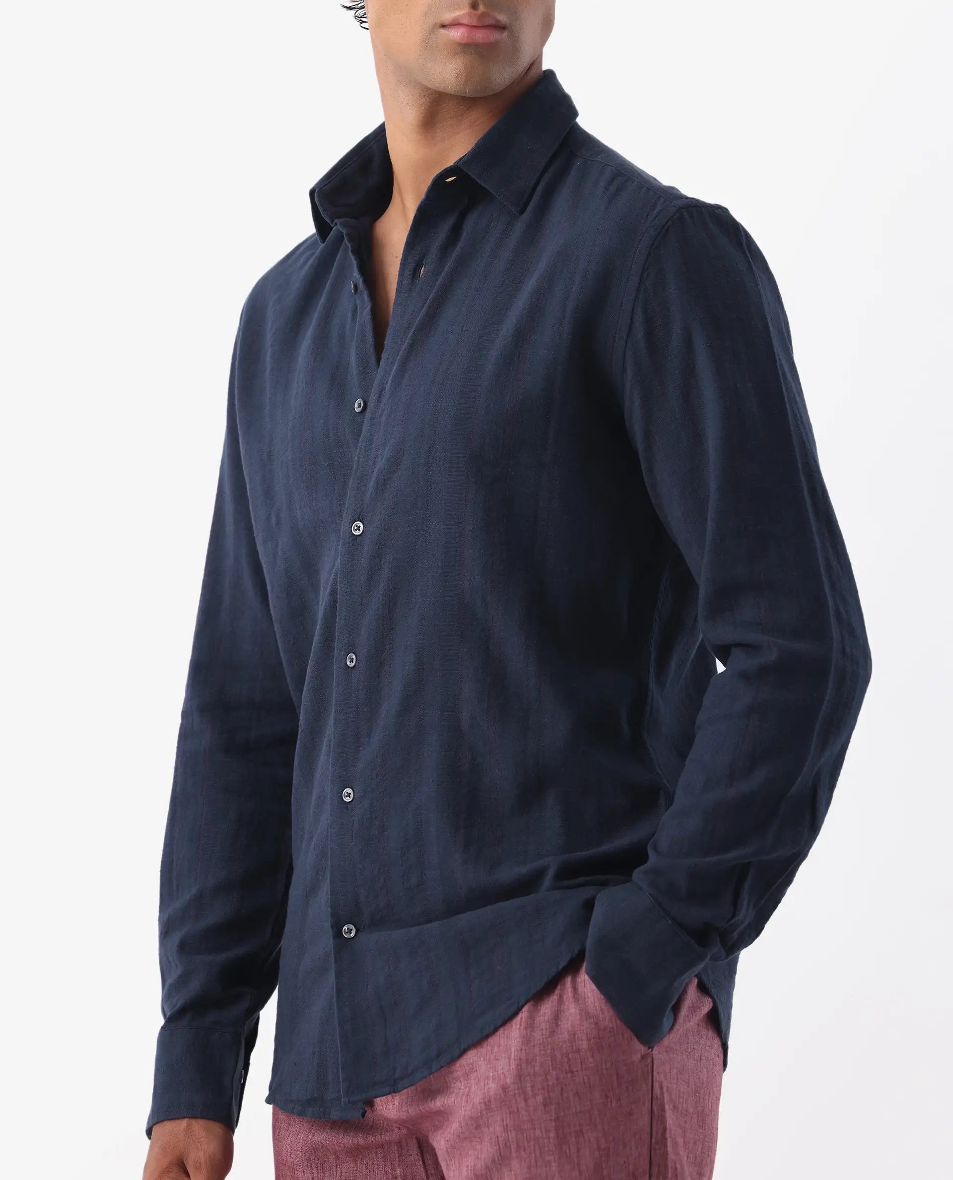 Rare Rabbit Men's Tolic Navy 100% Linen Striped Print Regular Fit Full Sleeve Collared Shirt