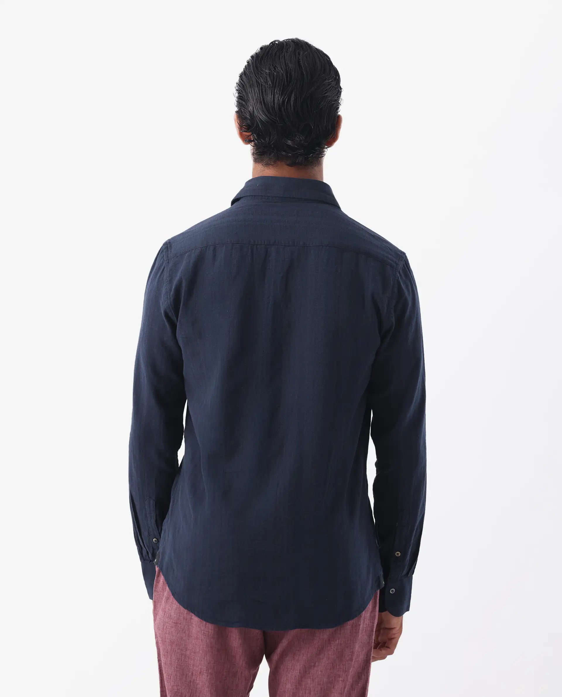 Rare Rabbit Men's Tolic Navy 100% Linen Striped Print Regular Fit Full Sleeve Collared Shirt