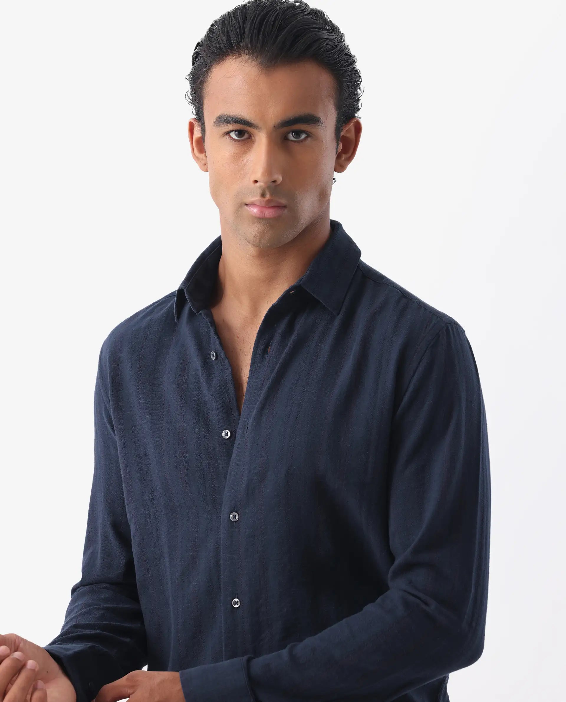 Rare Rabbit Men's Tolic Navy 100% Linen Striped Print Regular Fit Full Sleeve Collared Shirt