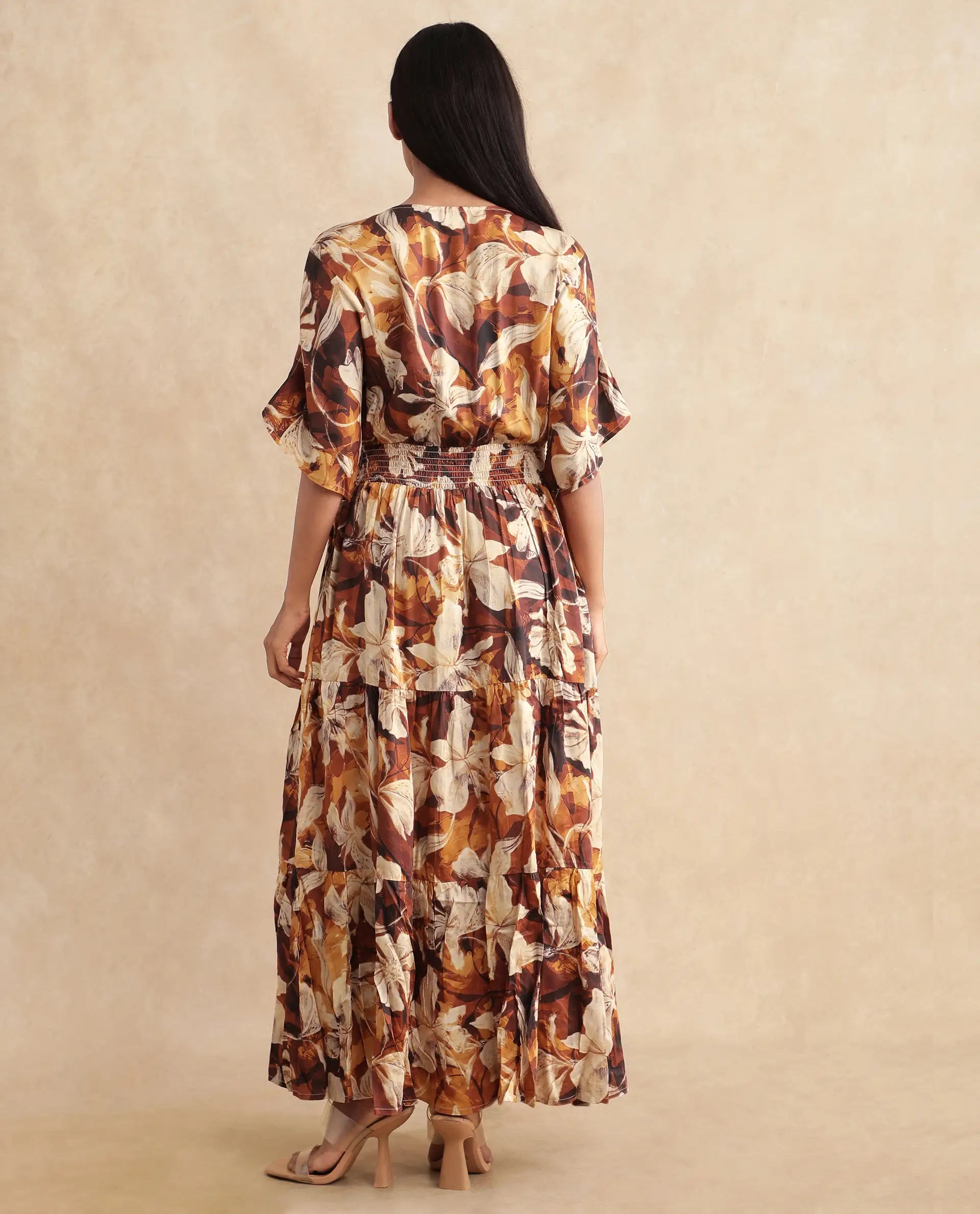 Rareism Women's Toluca Light Brown Cotton Blend V-Neck Abstract Print Bell Sleeve Midi Fit And Flare Dress