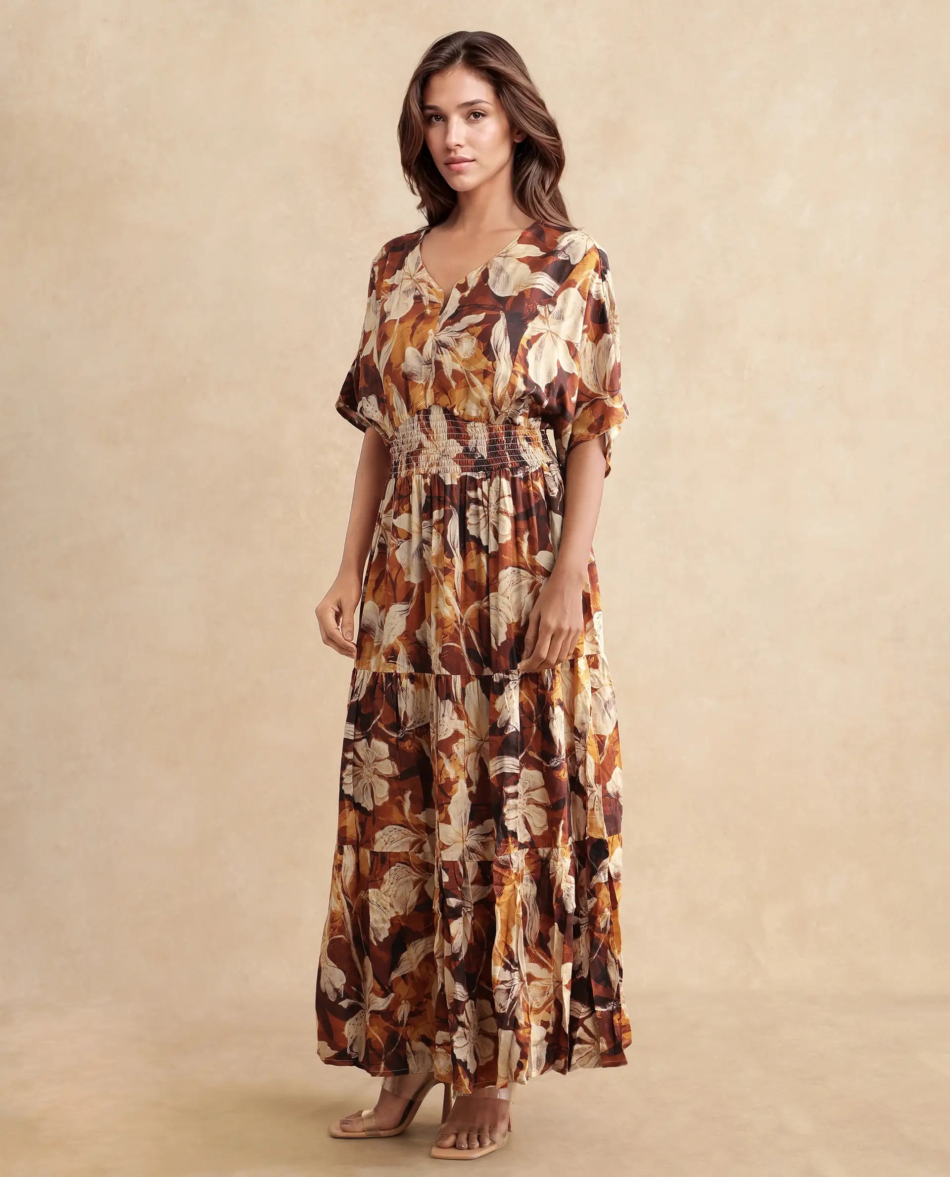 Rareism Women's Toluca Light Brown Cotton Blend V-Neck Abstract Print Bell Sleeve Midi Fit And Flare Dress