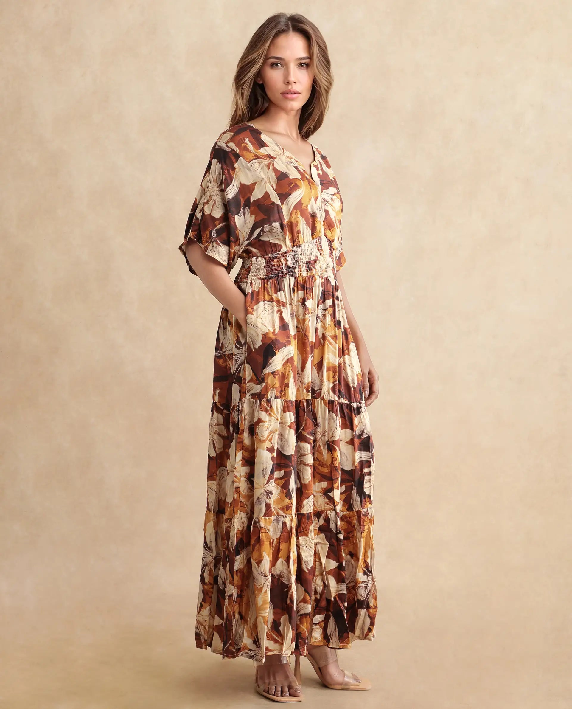 Rareism Women's Toluca Light Brown Cotton Blend V-Neck Abstract Print Bell Sleeve Midi Fit And Flare Dress