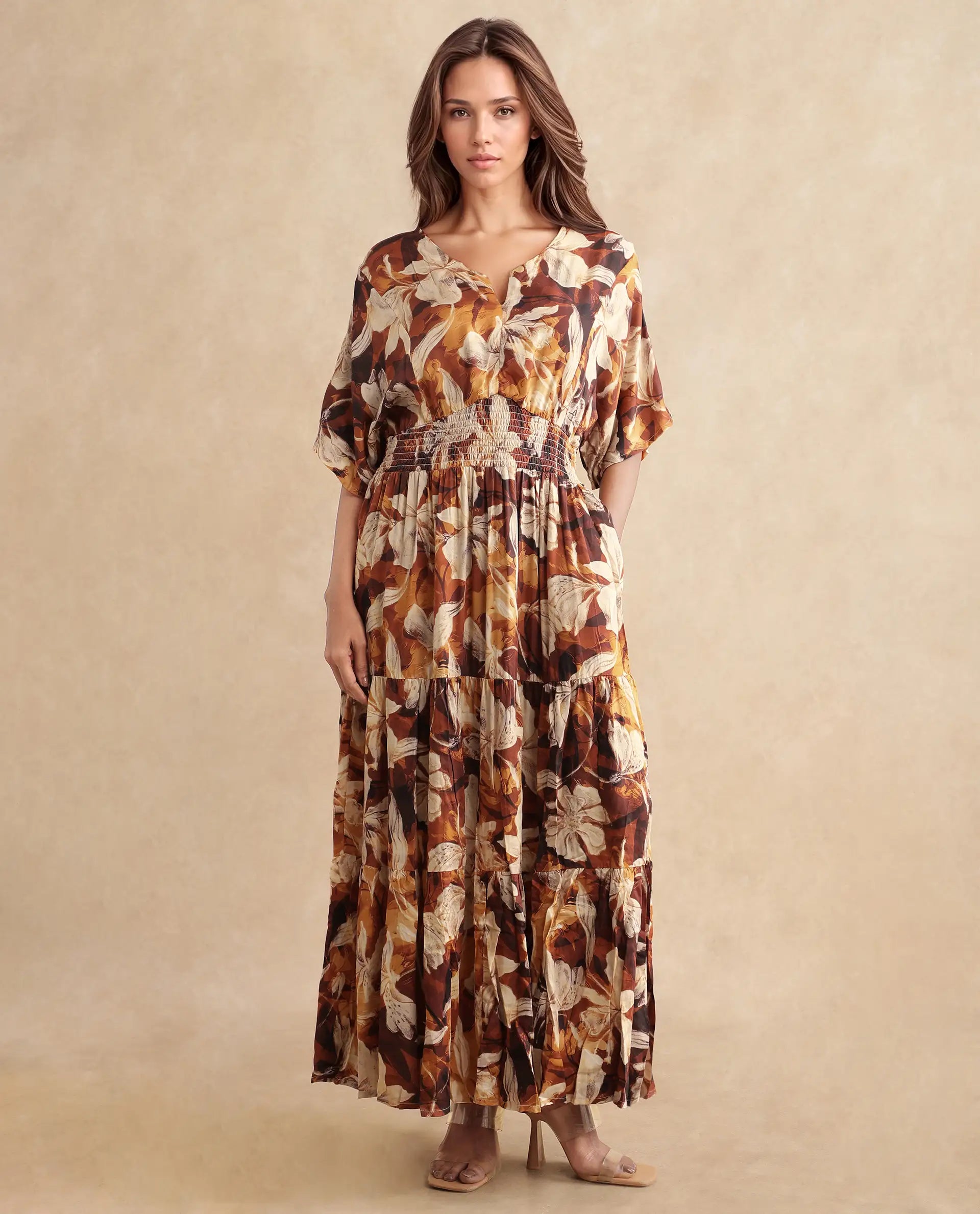 Rareism Women's Toluca Light Brown Cotton Blend V-Neck Abstract Print Bell Sleeve Midi Fit And Flare Dress